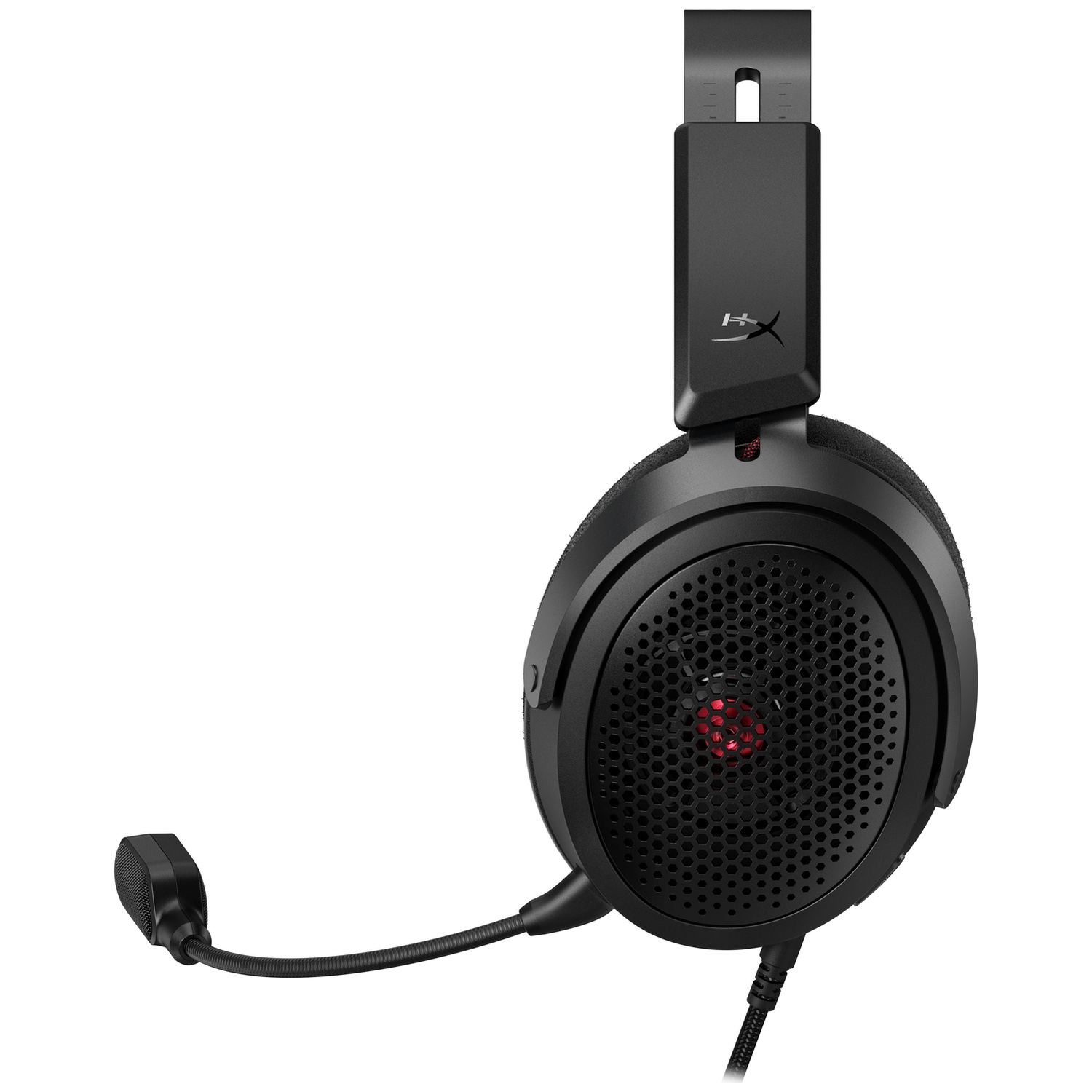 Black gaming headset featuring a mesh ear cup, red interior detail, and a microphone.