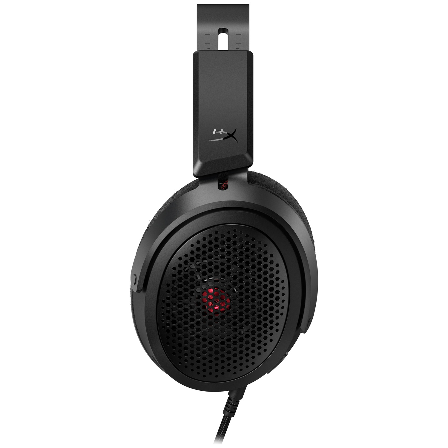 Black over-ear gaming headset featuring a honeycomb grille design and a red accent inside the earcup.