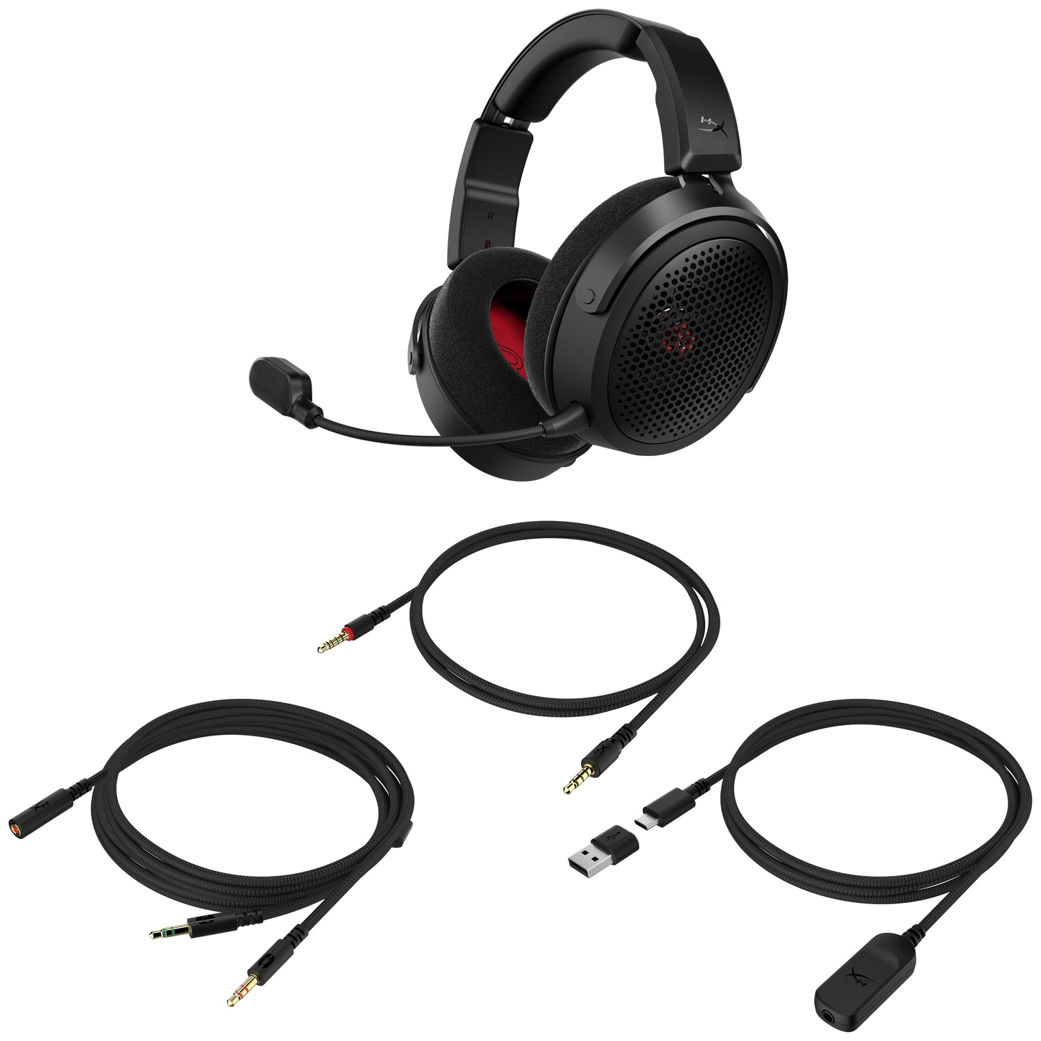 Black gaming headset with a detachable microphone and three different audio cables on a white background.