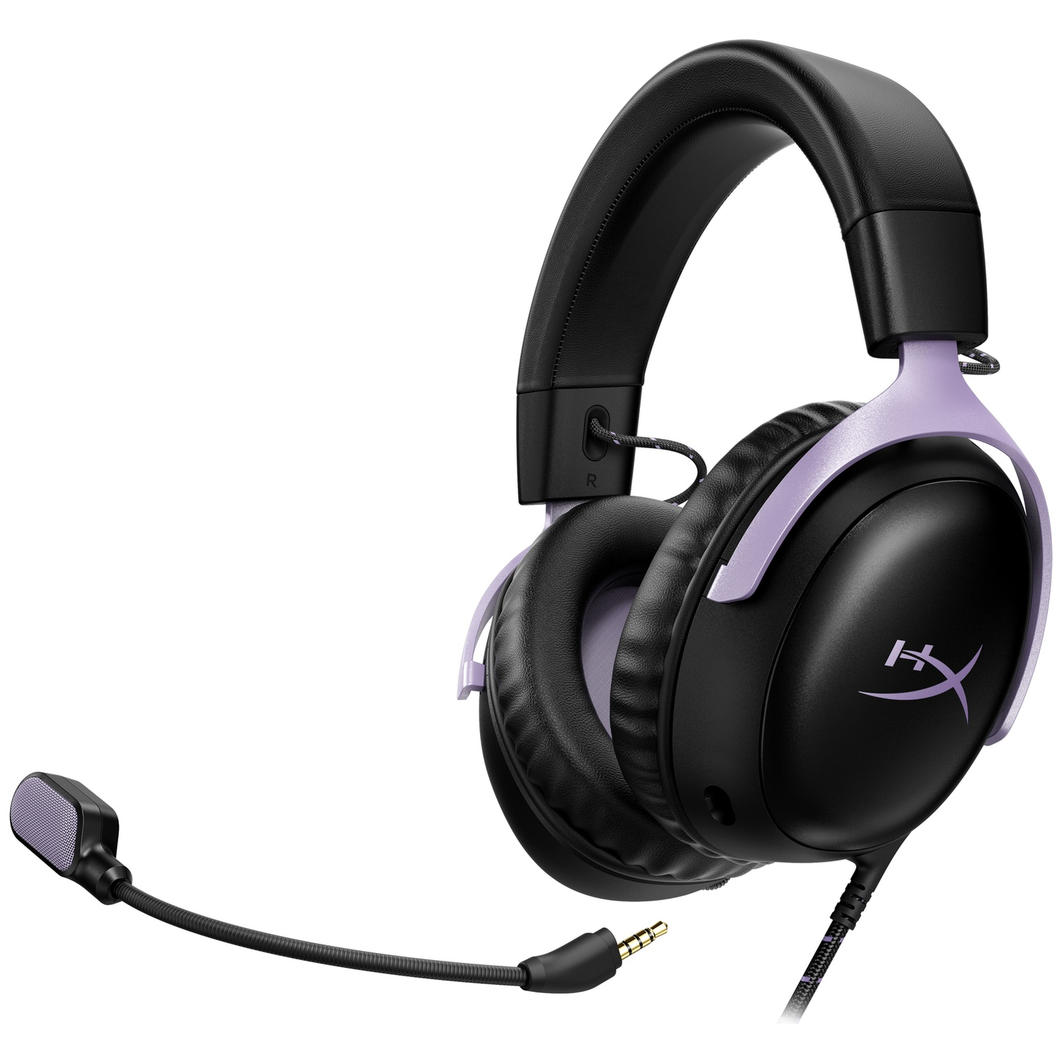 Black and lavender gaming headset with attached microphone on a white background.