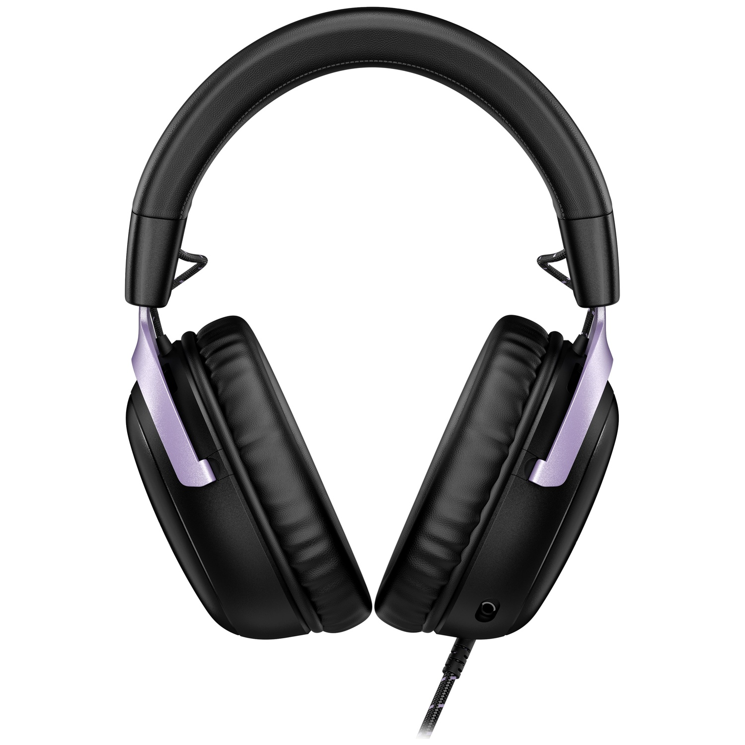 Black over-ear headphones with purple accents and an attached cable against a white background.
