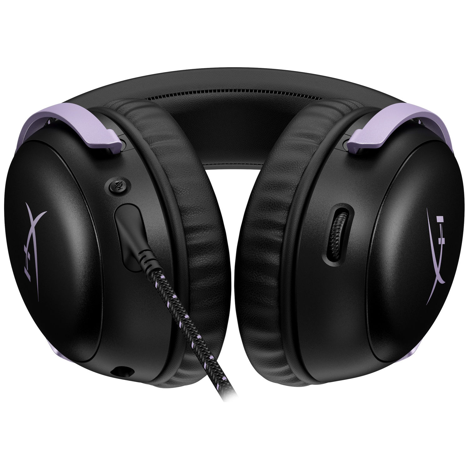 Black and lavender gaming headset with connected braided cable, volume wheel, and mute button.
