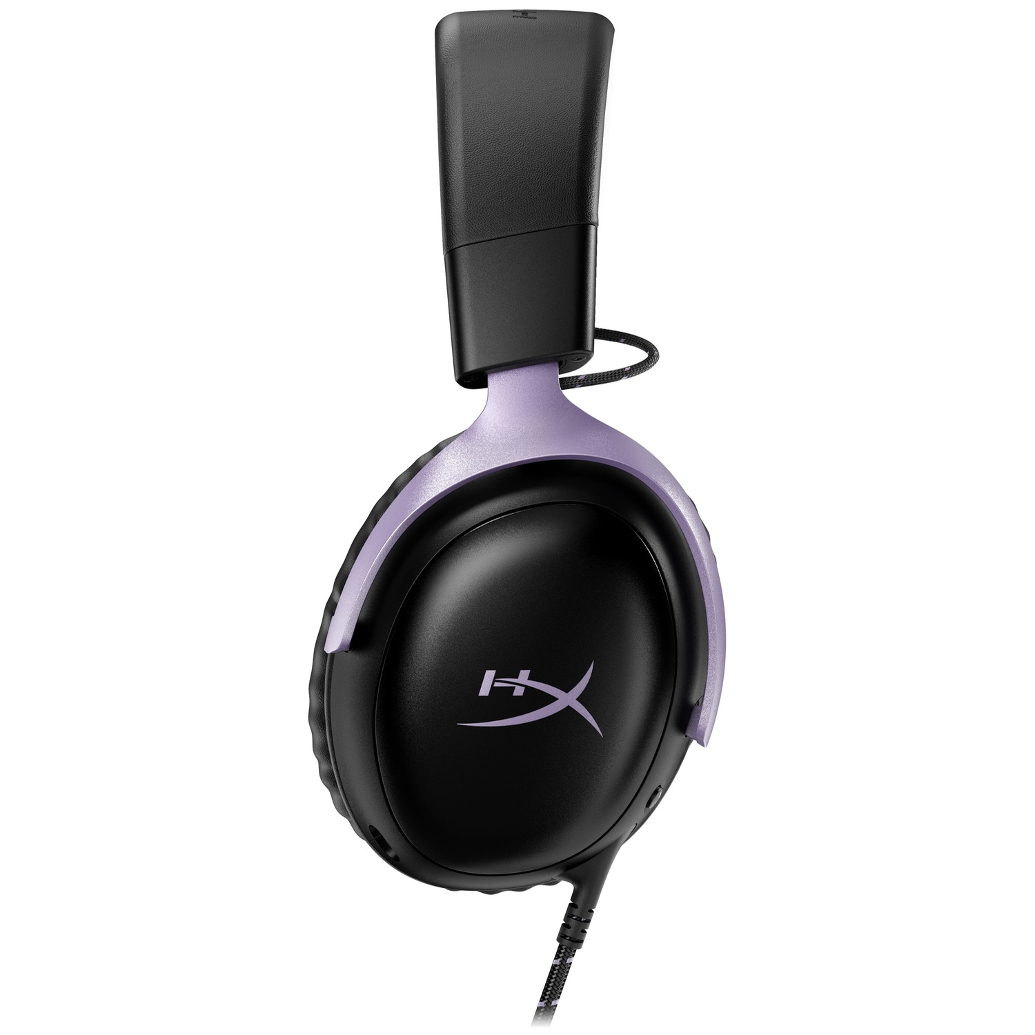Black and purple HyperX gaming headset with a padded headband and wired cable.