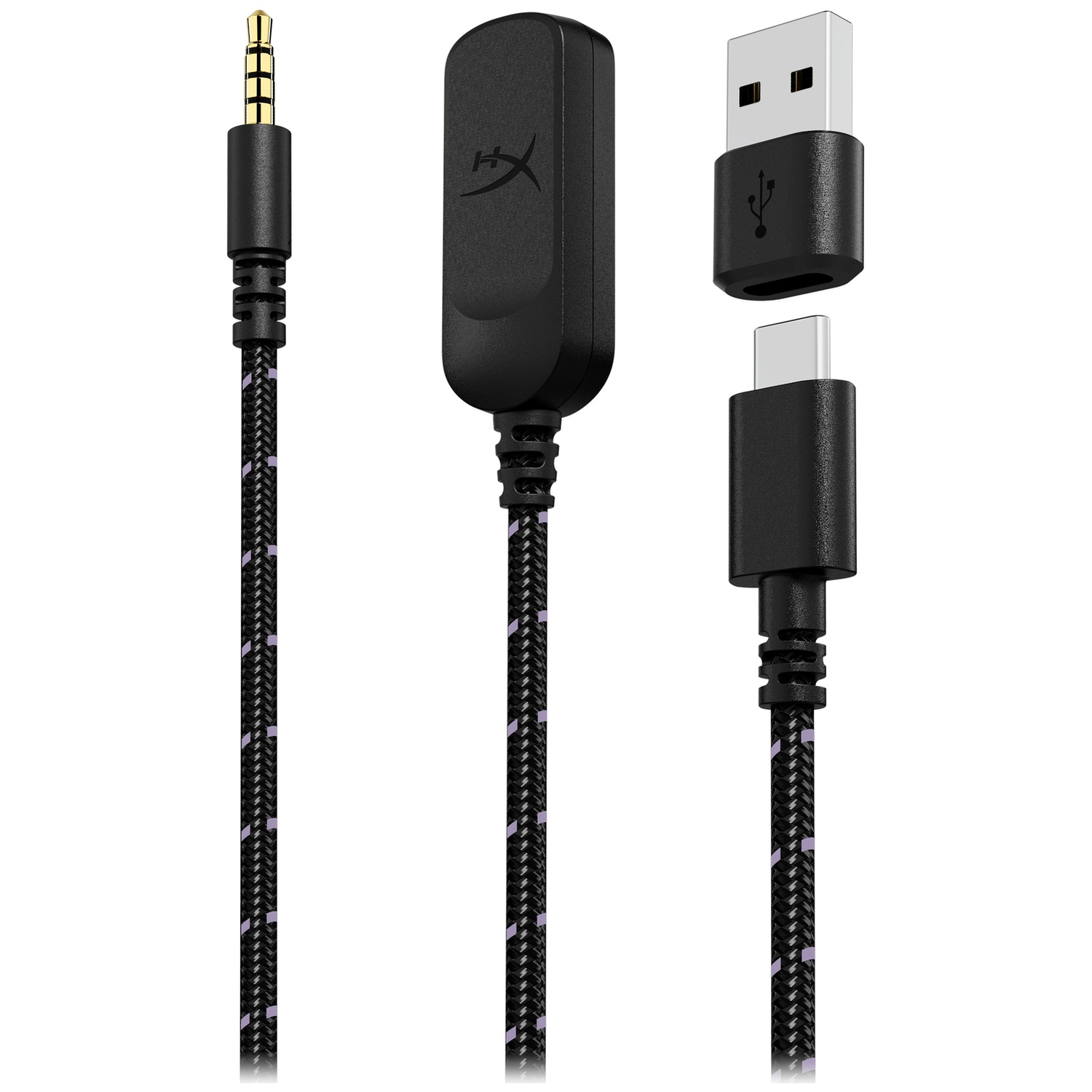 A black braided cable featuring an audio jack, an in-line control module, USB-A, and USB-C connectors.