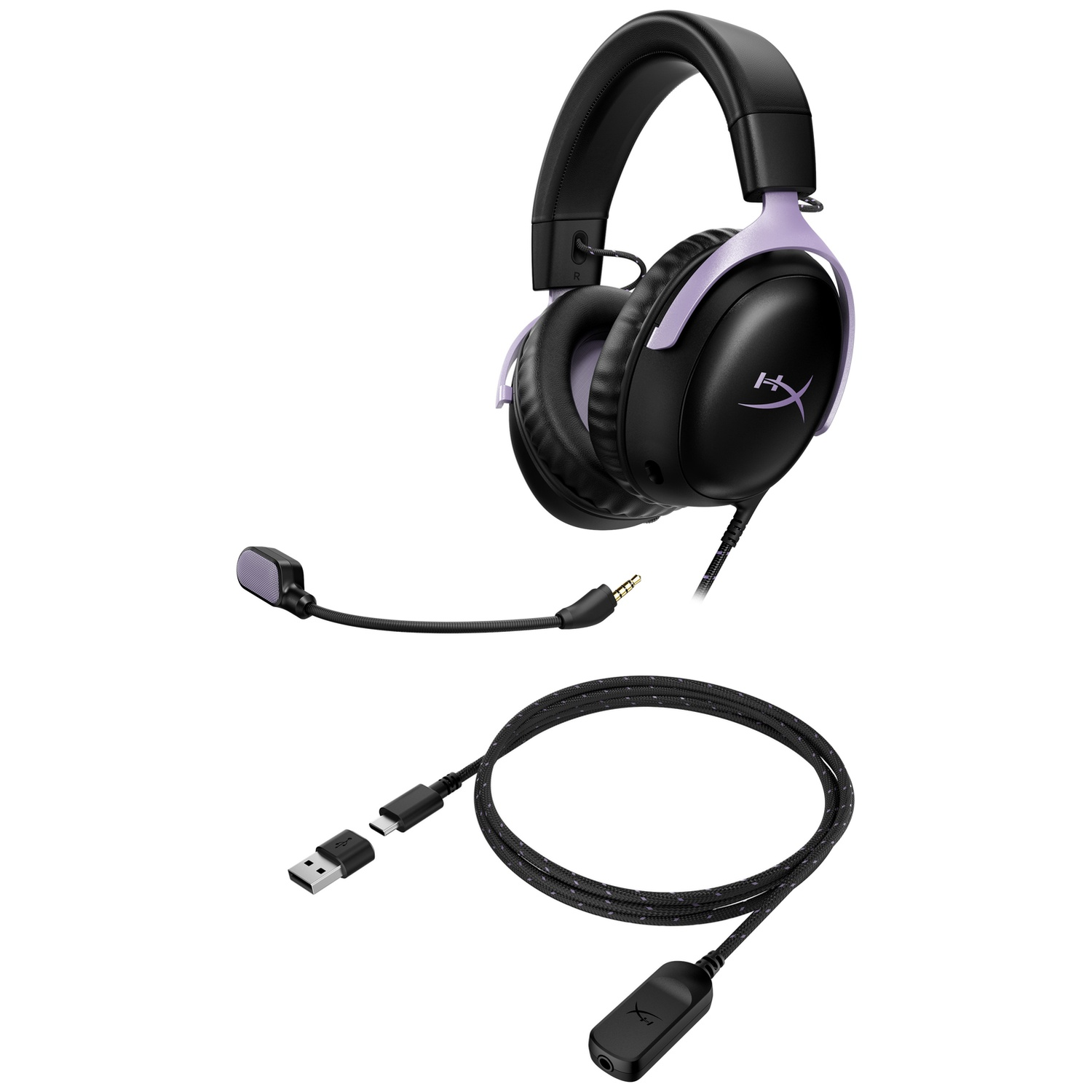 Black gaming headset with lavender accents, detachable mic, and braided USB-C cable on a white background.