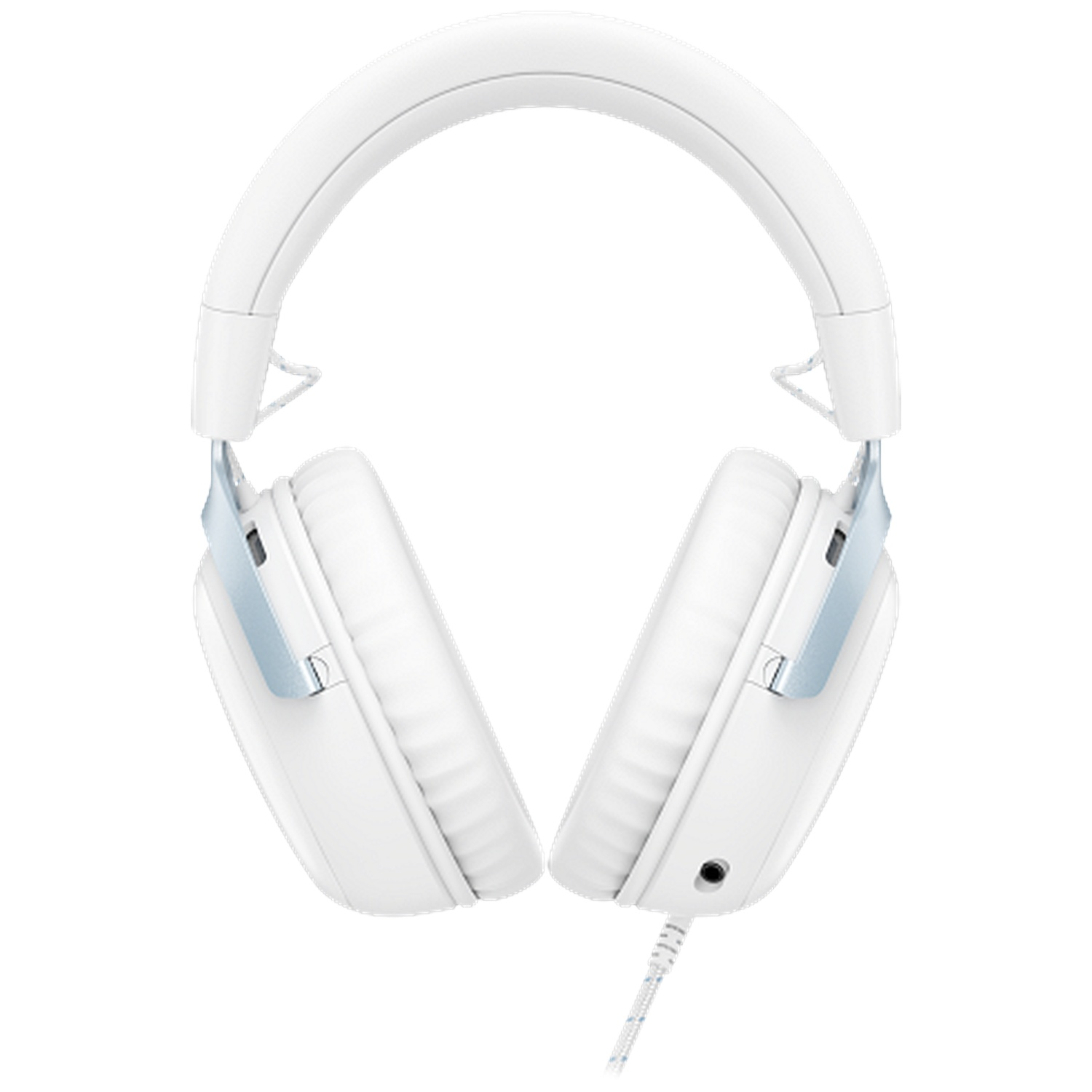 White over-ear headphones with silver accents and a white cable against a white background.