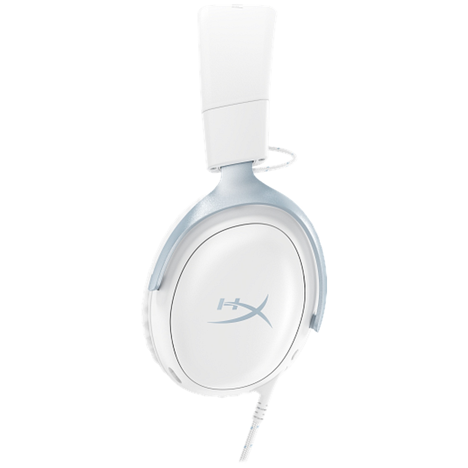 White and grey HyperX gaming headset with cushioned headband and cable against a white background.