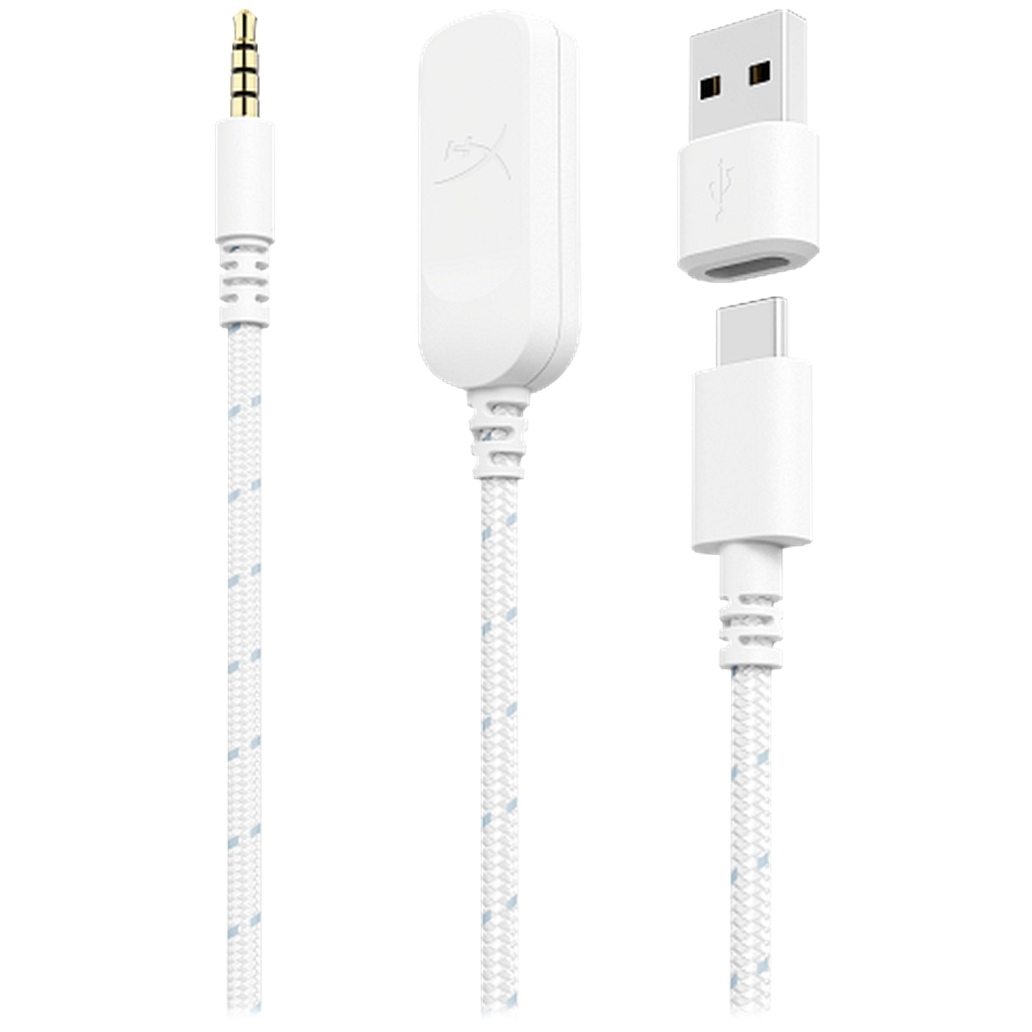 White braided cable with 3.5mm audio jack, control unit, and USB adapter.