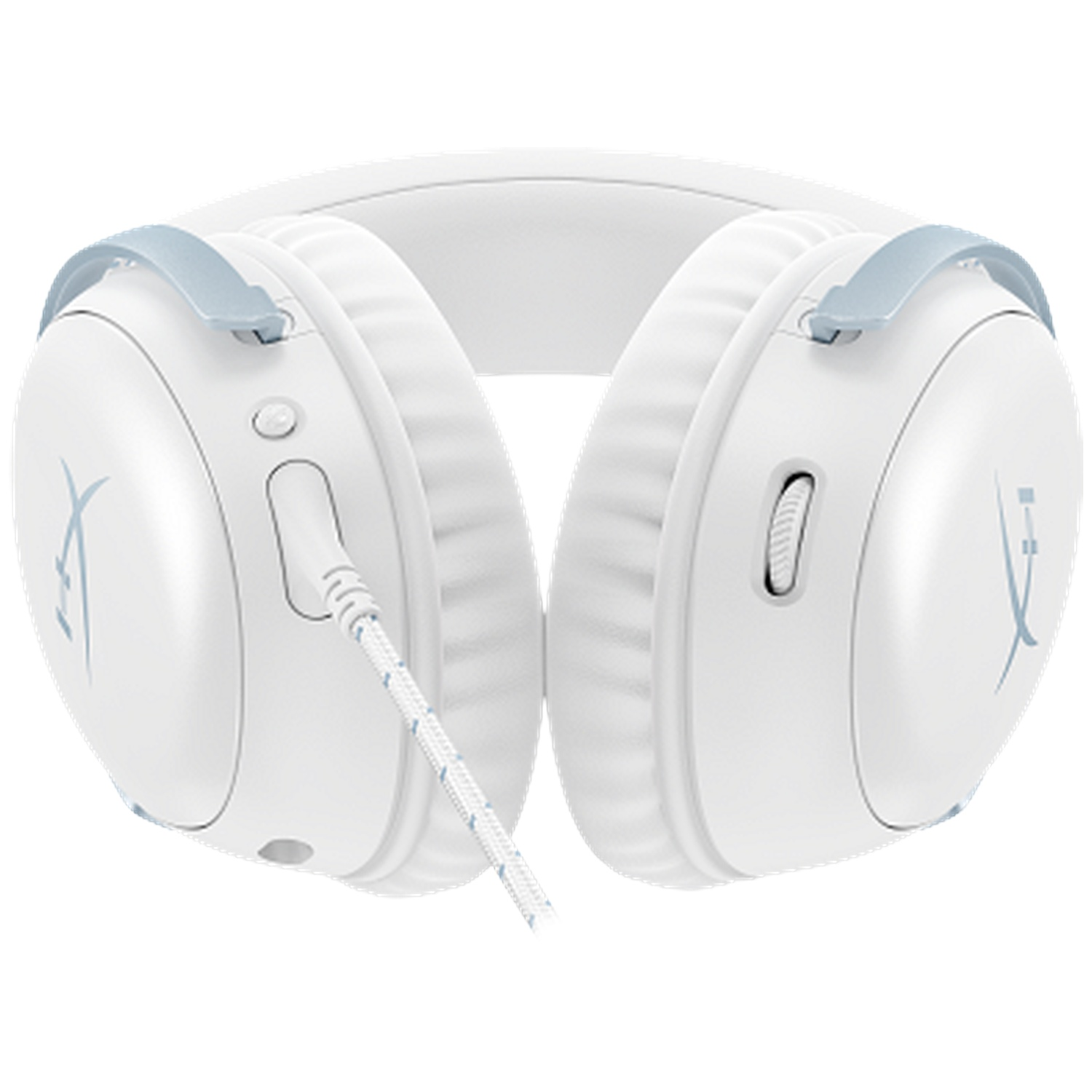 White over-ear headphones with a blue cable and silver accents on a white background.