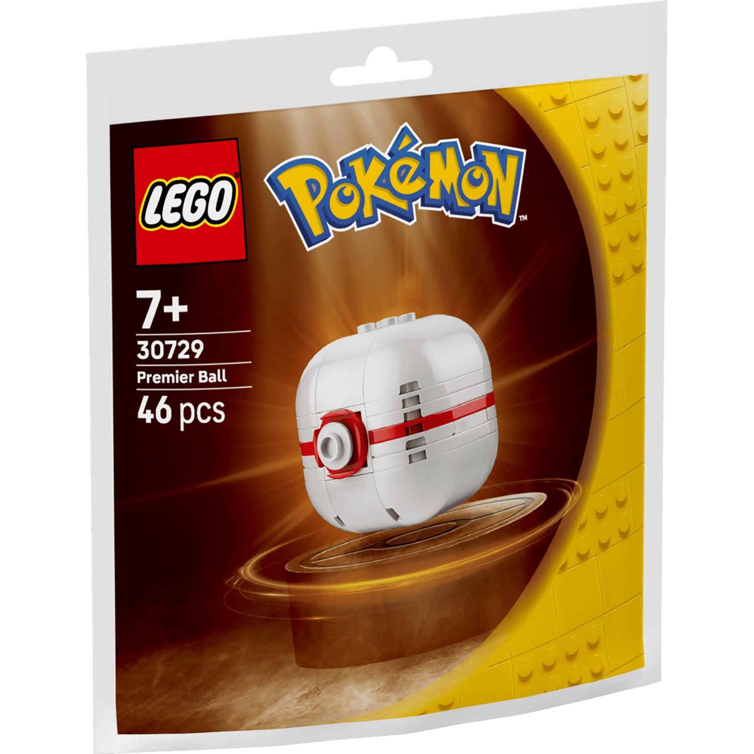 LEGO Pokemon Premier Ball set 30729 in a polybag, showing a built white and red ball with 46 pieces.