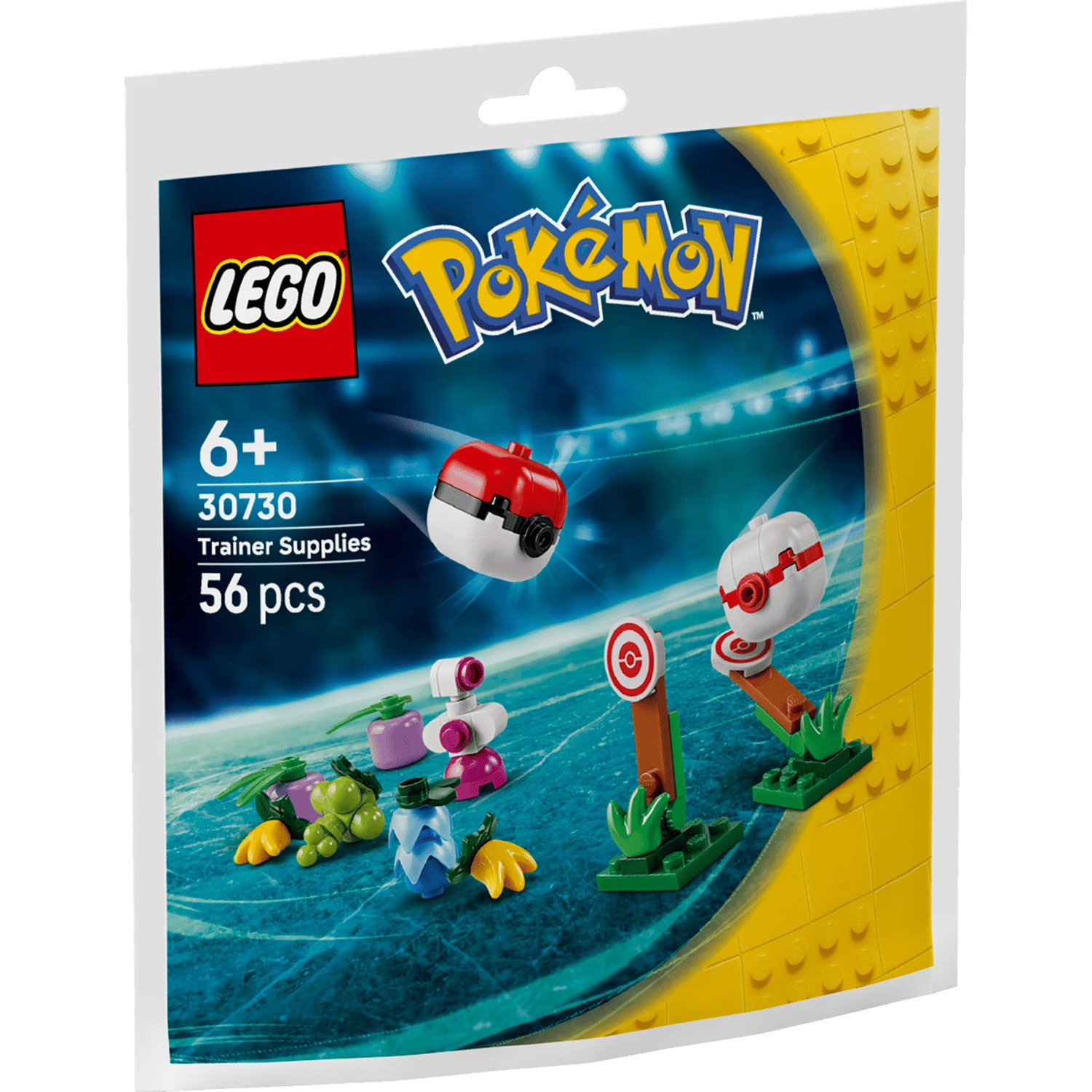 LEGO Pokémon polybag showing a Pokéball, berries, and targets on a blue background.