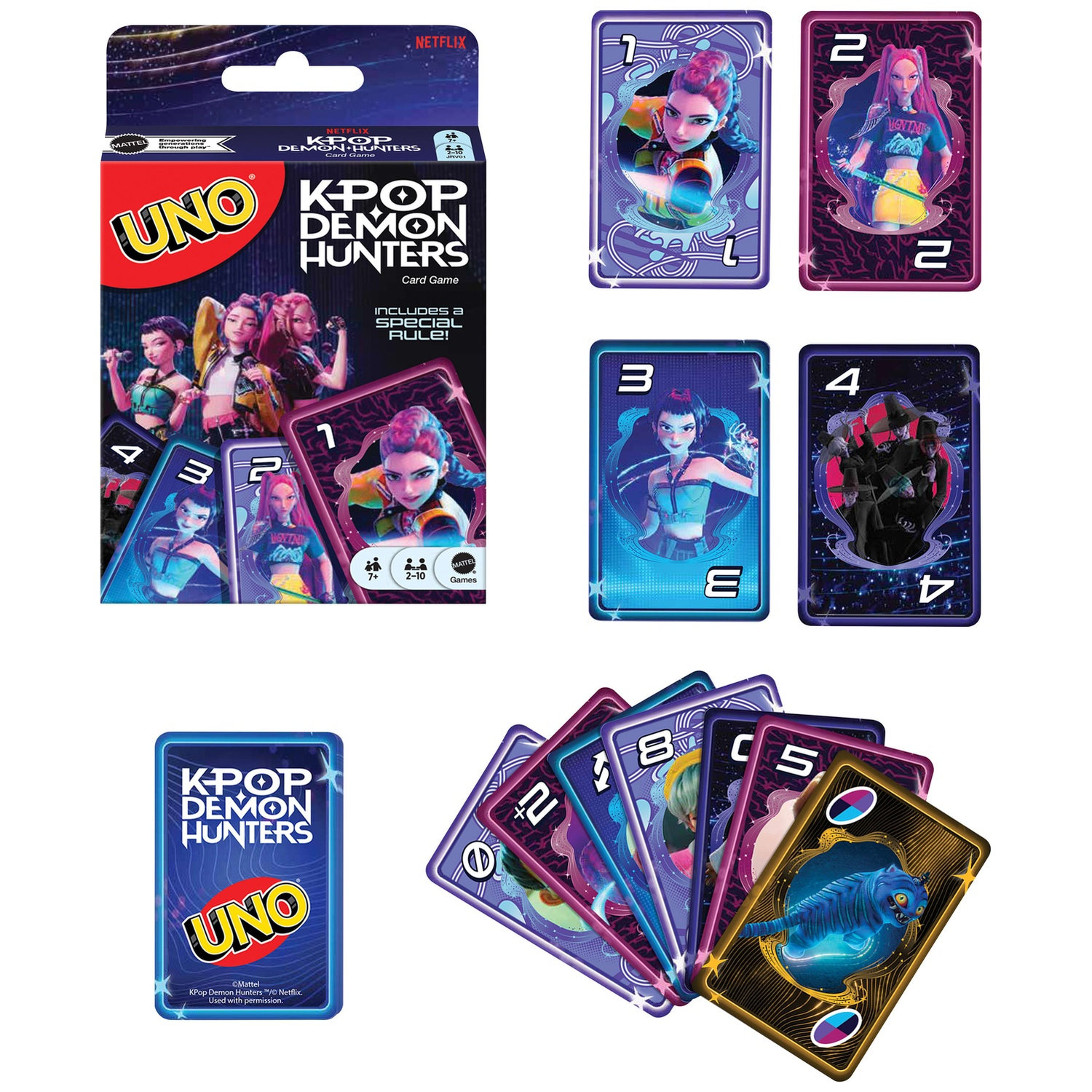 UNO K-Pop Demon Hunters card game box and various playing cards with characters.