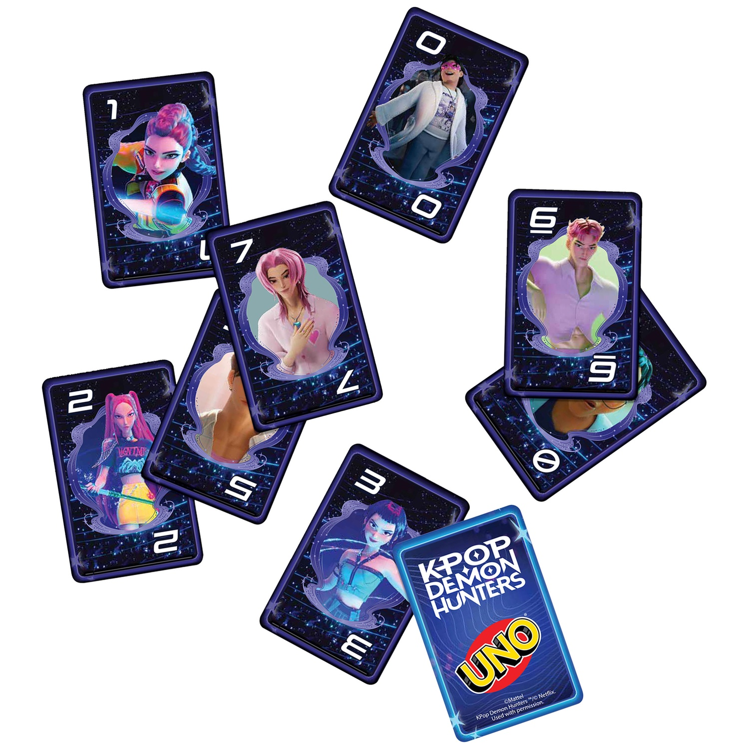 K-Pop Demon Hunters UNO playing cards are scattered against a white background.
