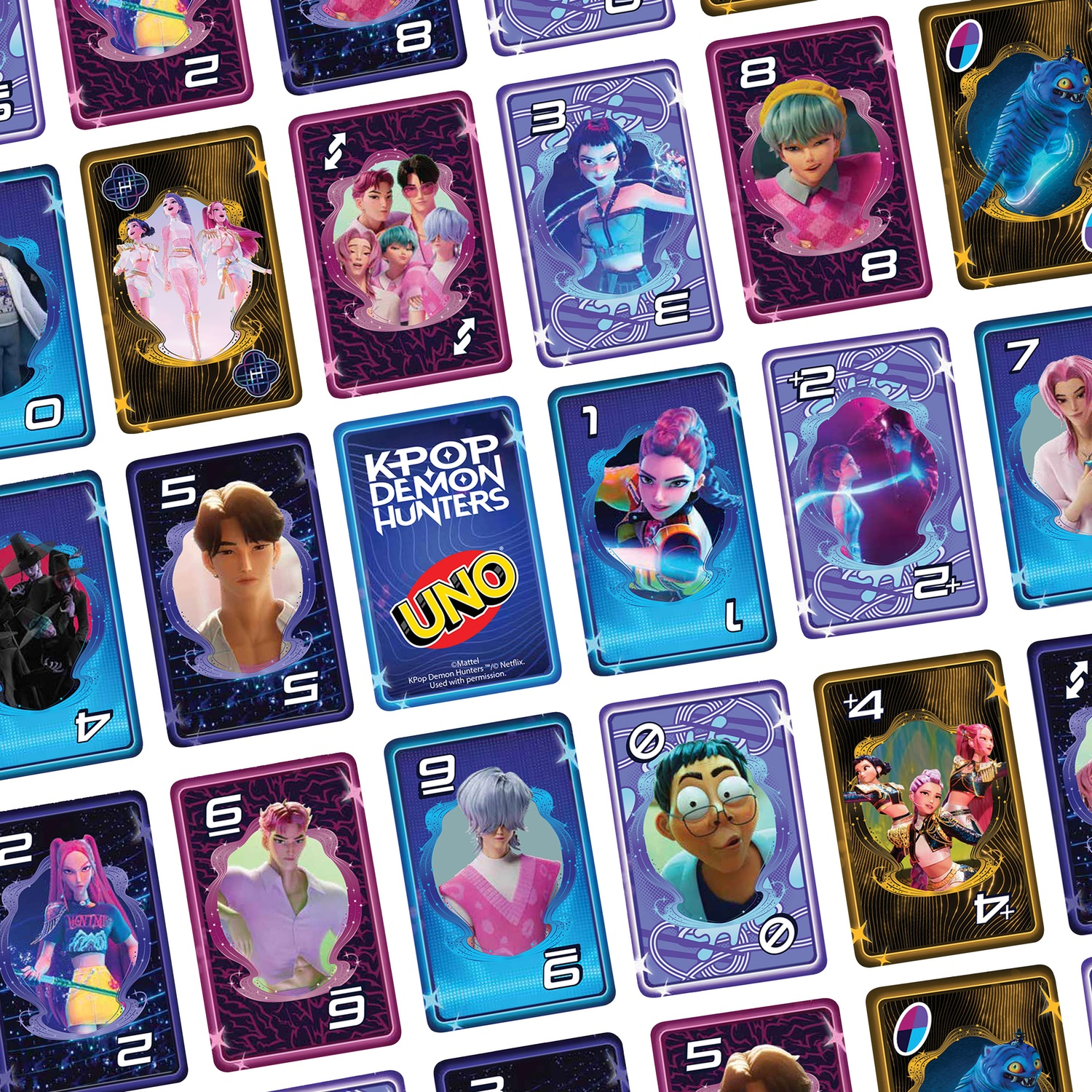 A set of colorful KPop Demon Hunters Uno playing cards featuring character portraits.