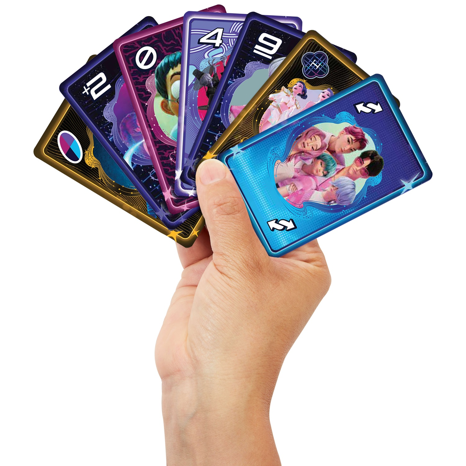 A hand holds a fan of colorful Uno cards featuring cartoon character portraits and numbers.