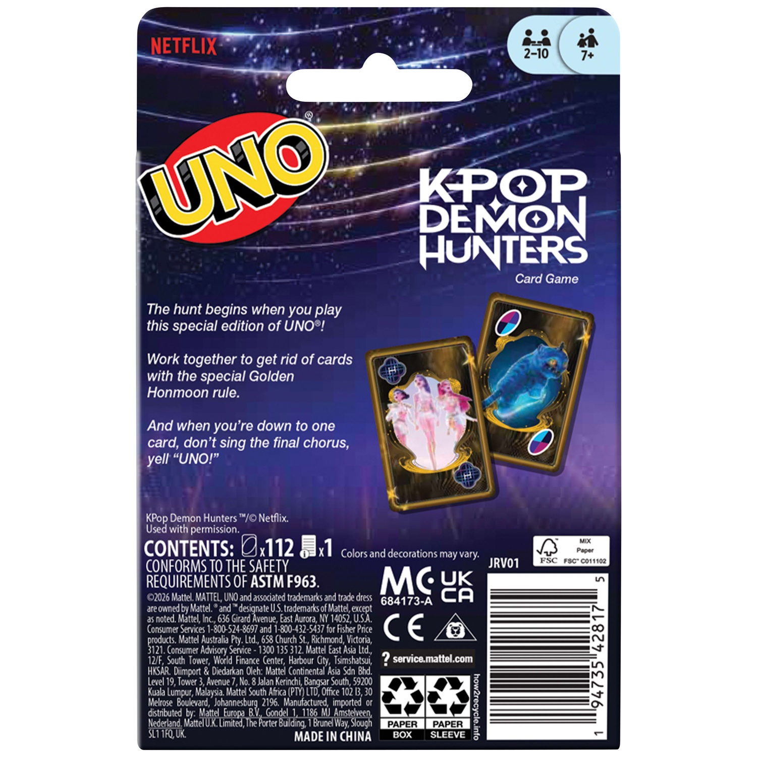 Back of UNO K-Pop Demon Hunters card game packaging featuring golden cards and Netflix logo.
