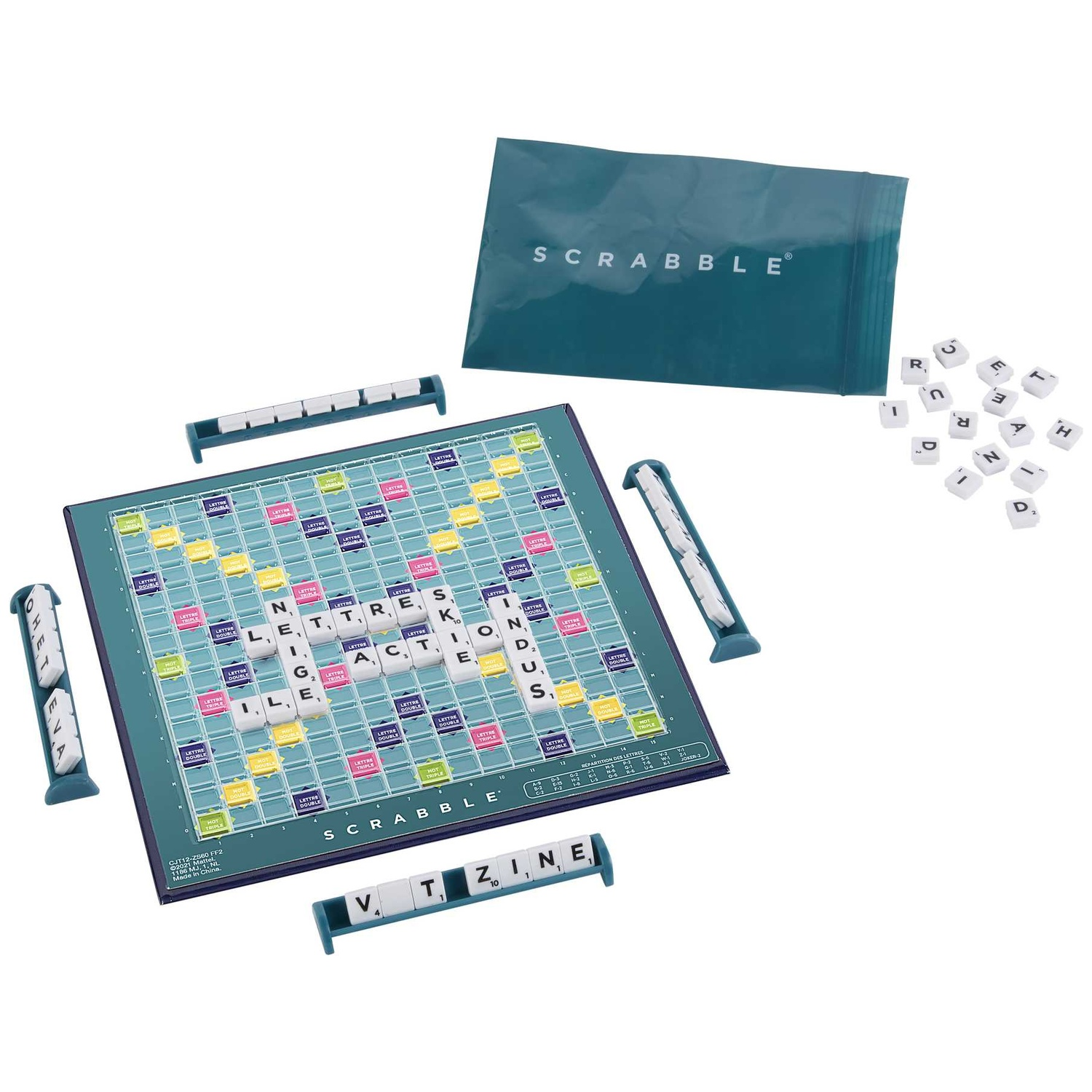 A Scrabble board game with four letter racks, a storage bag, and some letter tiles nearby.