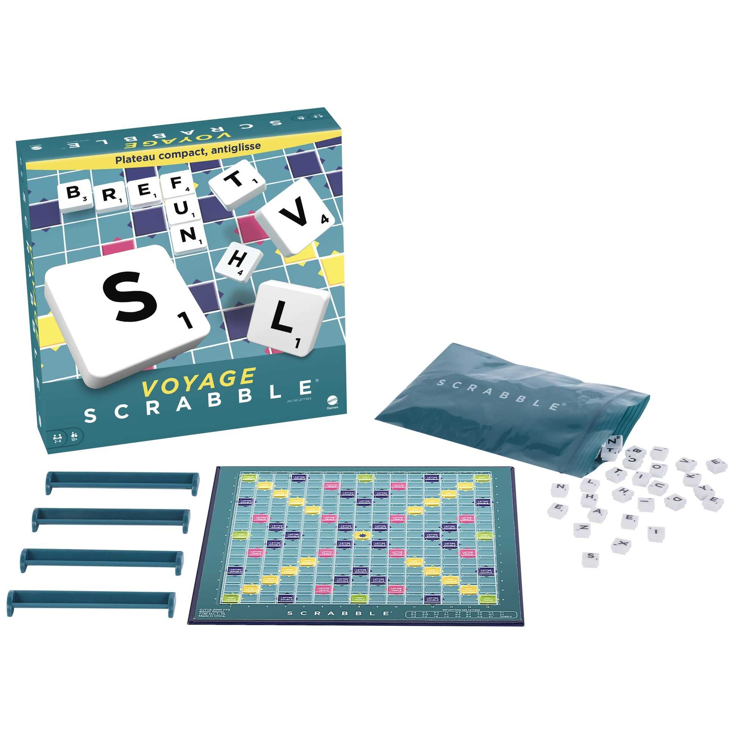 Travel Scrabble game with blue box, board, four racks, cloth bag, and plastic letter tiles.