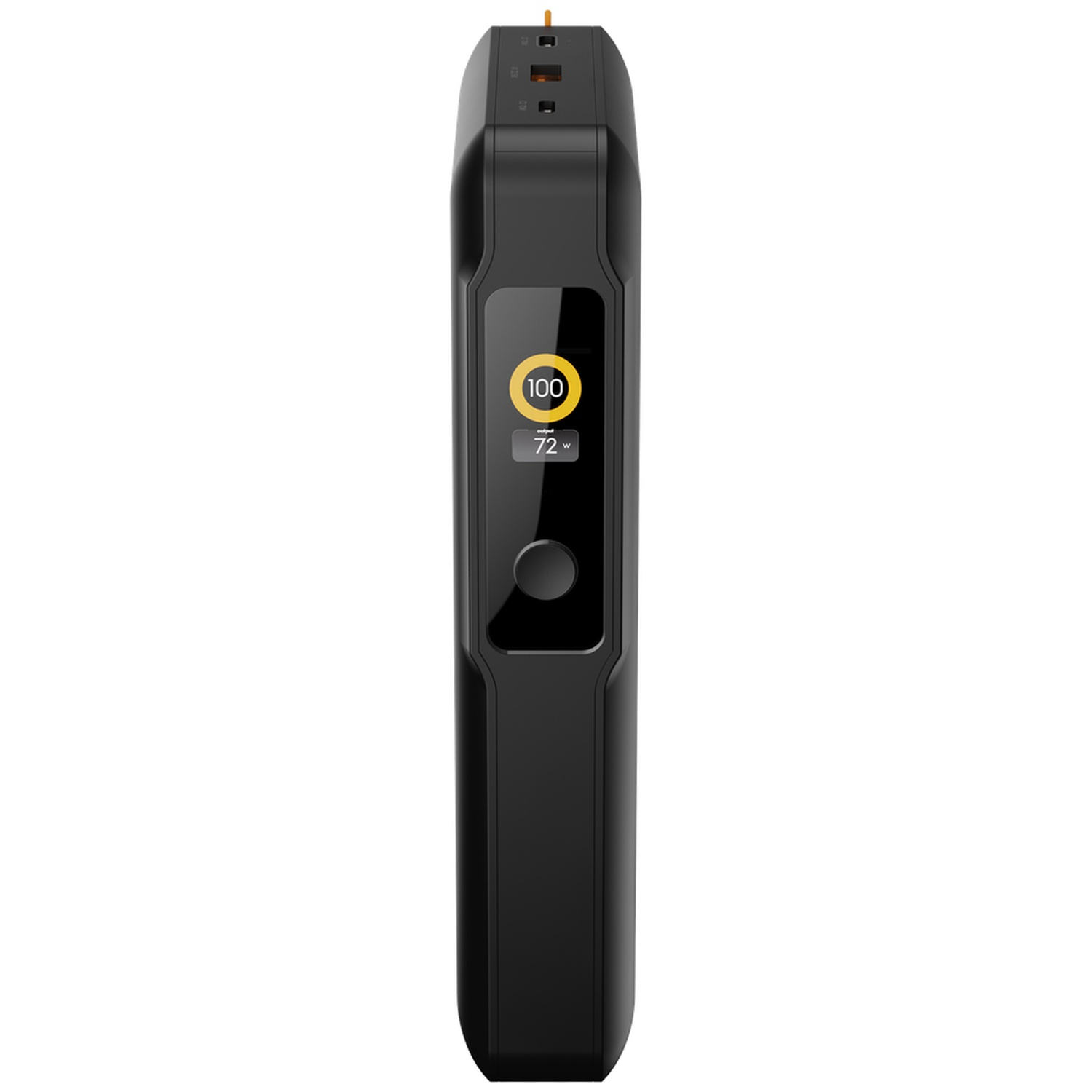 Batterie externe noire avec écran numérique affichant 100 pour cent et 72 watts.