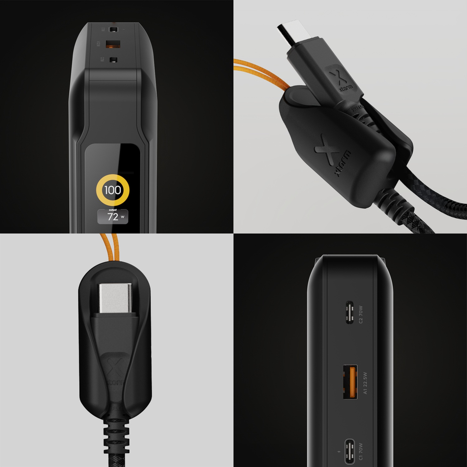 Quatre images divisées montrant une batterie externe noire, un connecteur USB-C et des ports.