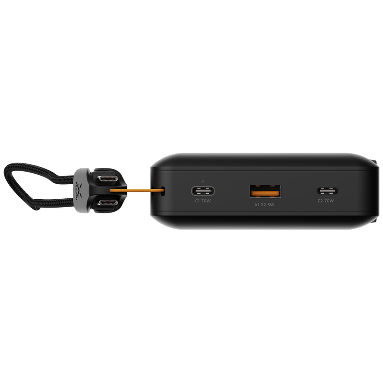 Batterie externe noire avec trois ports et un câble de charge intégré enroulé autour du corps.