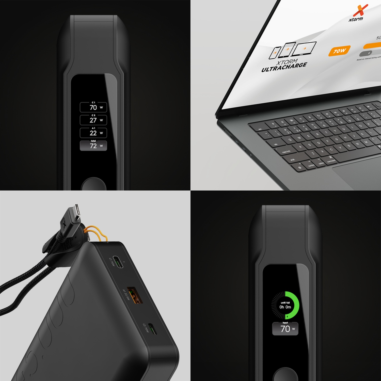 Quatre vues d'une batterie externe noire affichant des statistiques de charge et connectée à un ordinateur.