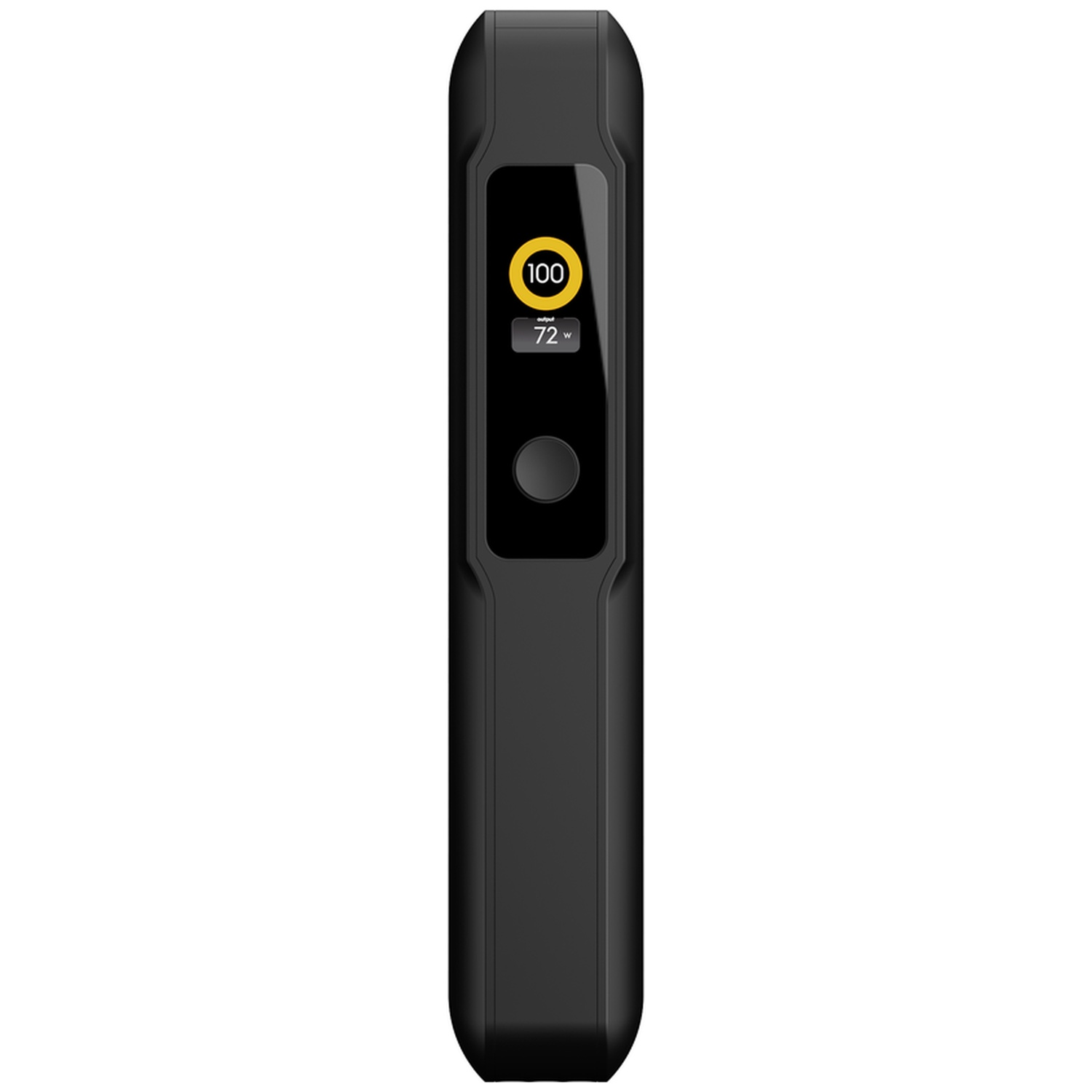 Batterie externe noire élégante avec écran numérique et cercle de niveau jaune.