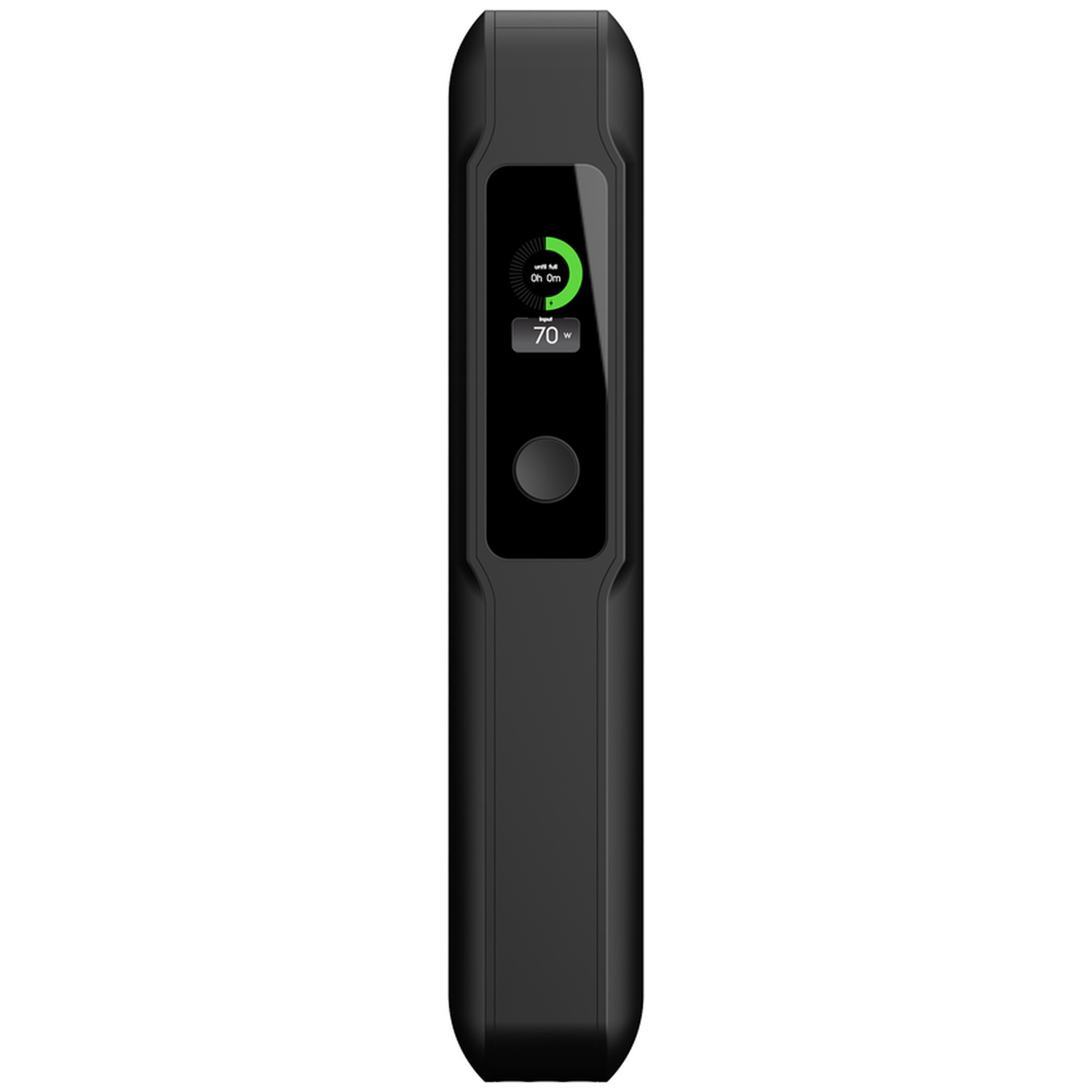 Batterie externe noire et fine avec un écran numérique affichant des voyants de charge verts et la puissance.