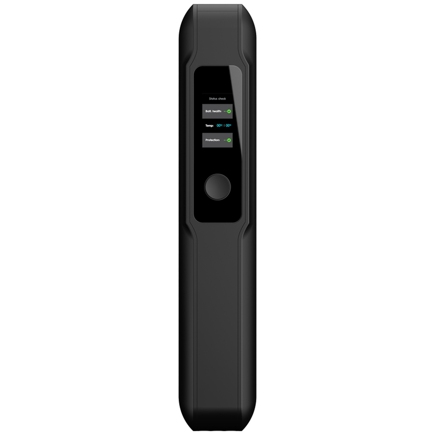 Un appareil électronique noir et élégant doté d'un écran vertical et d'un bouton rond.