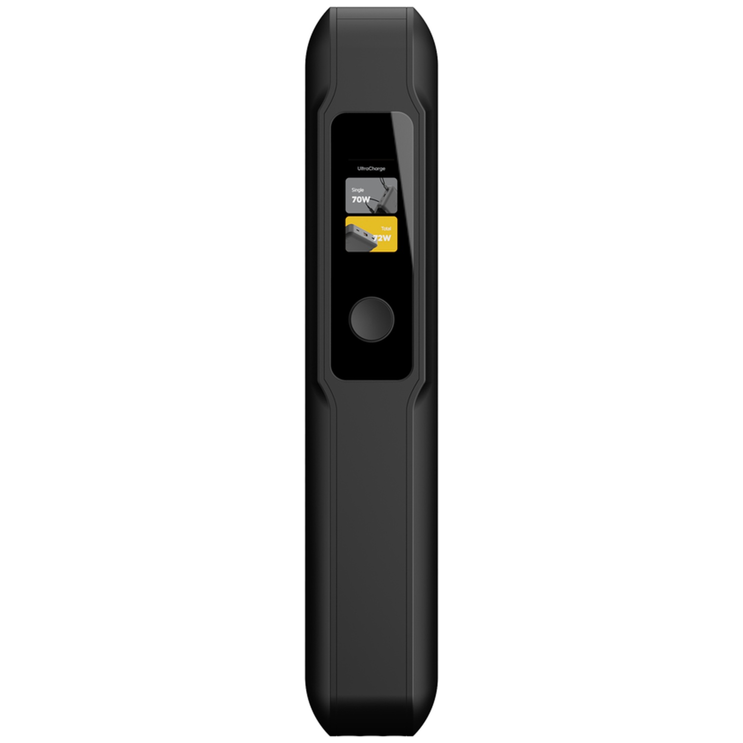 Batterie externe noire et fine avec un petit écran numérique et un bouton rond au centre sur fond blanc.