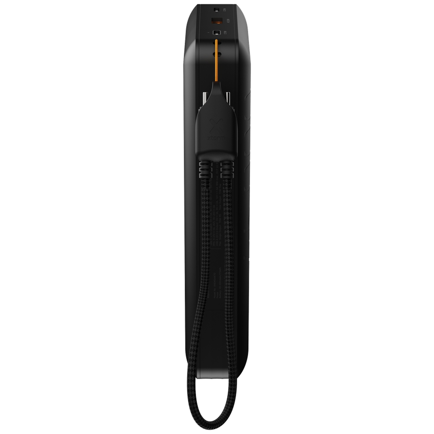 Batterie externe noire avec câble tressé intégré et accent orange.