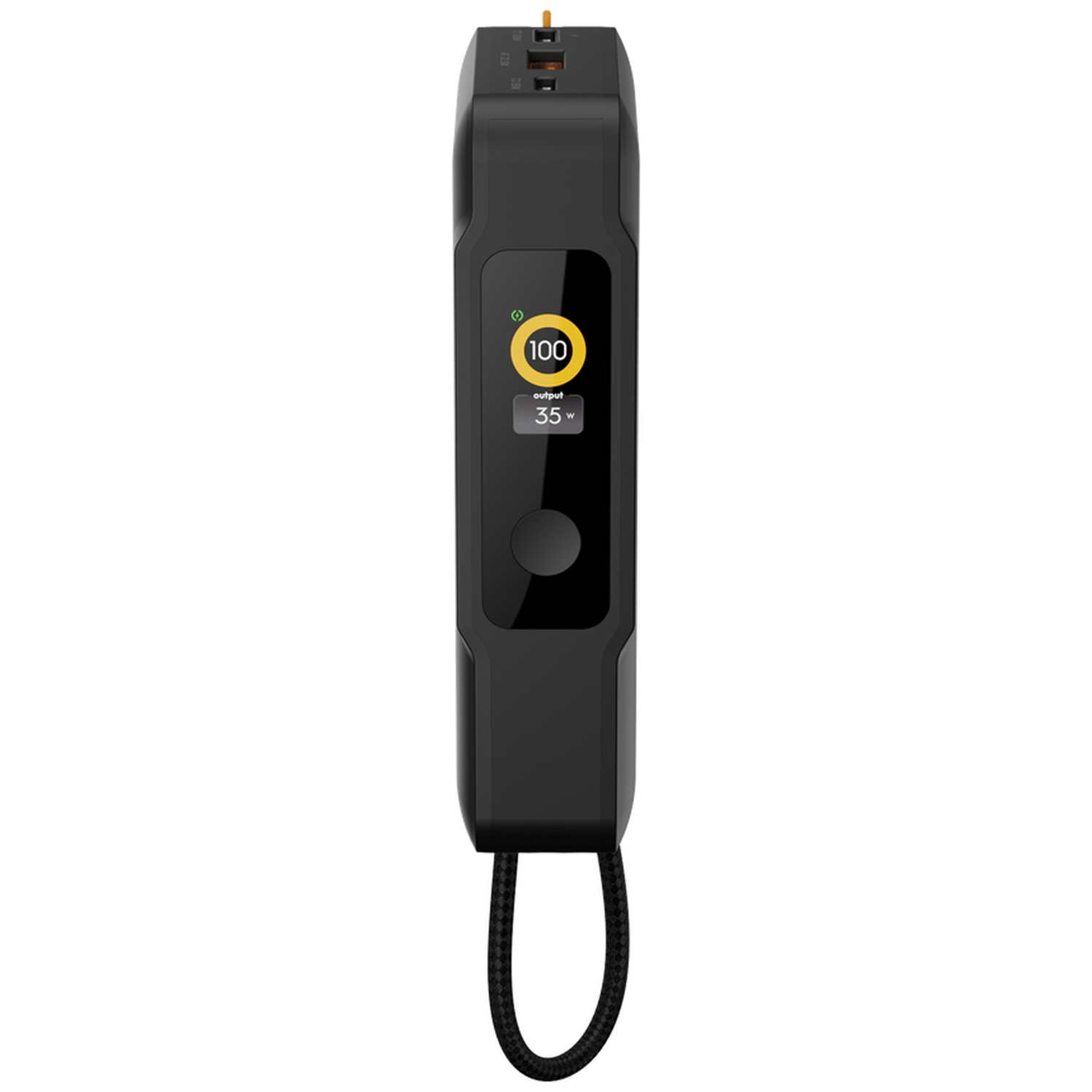 Une batterie externe noire avec un écran numérique affichant 100 pour cent et une sortie de 35W.