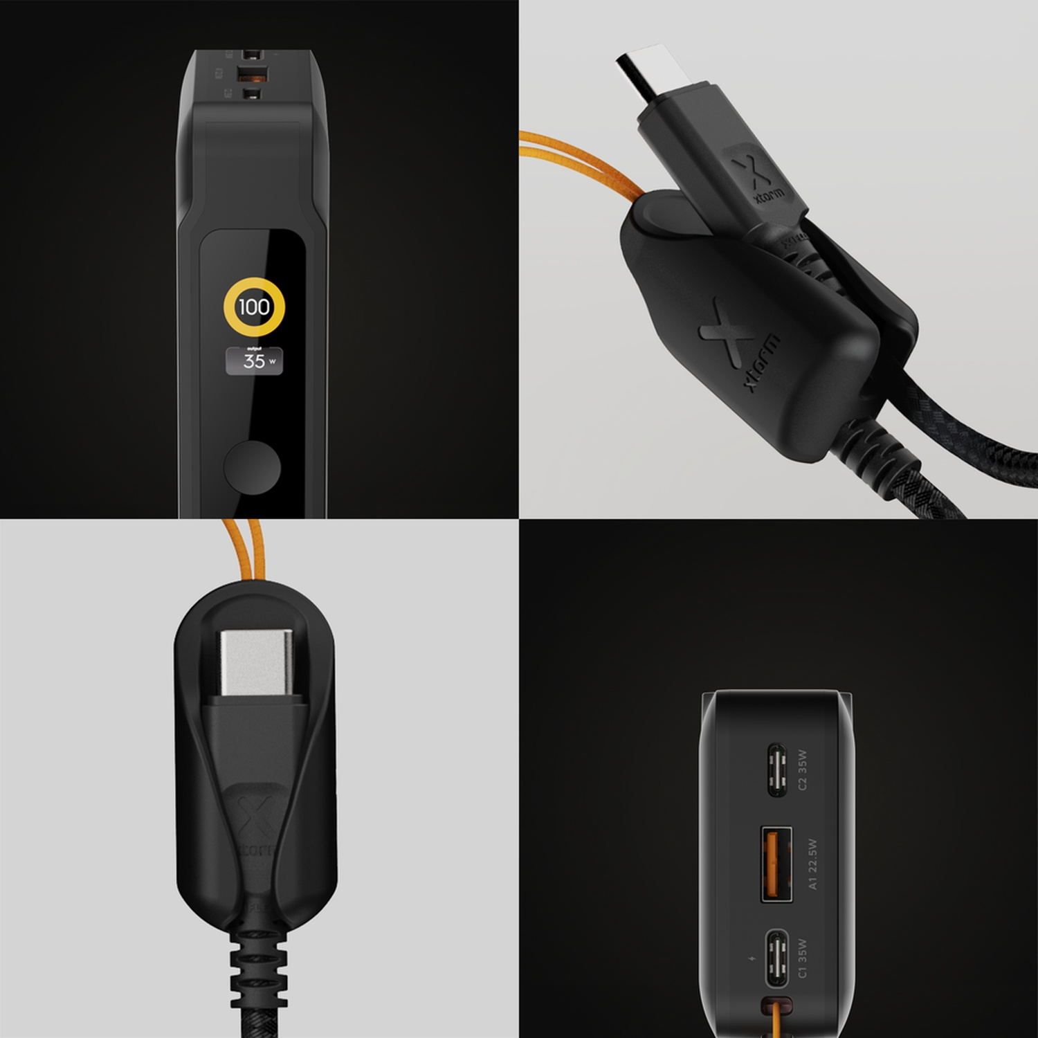 Quatre images d'un chargeur noir Xtorm et d'un câble USB-C avec organiseur intégré.