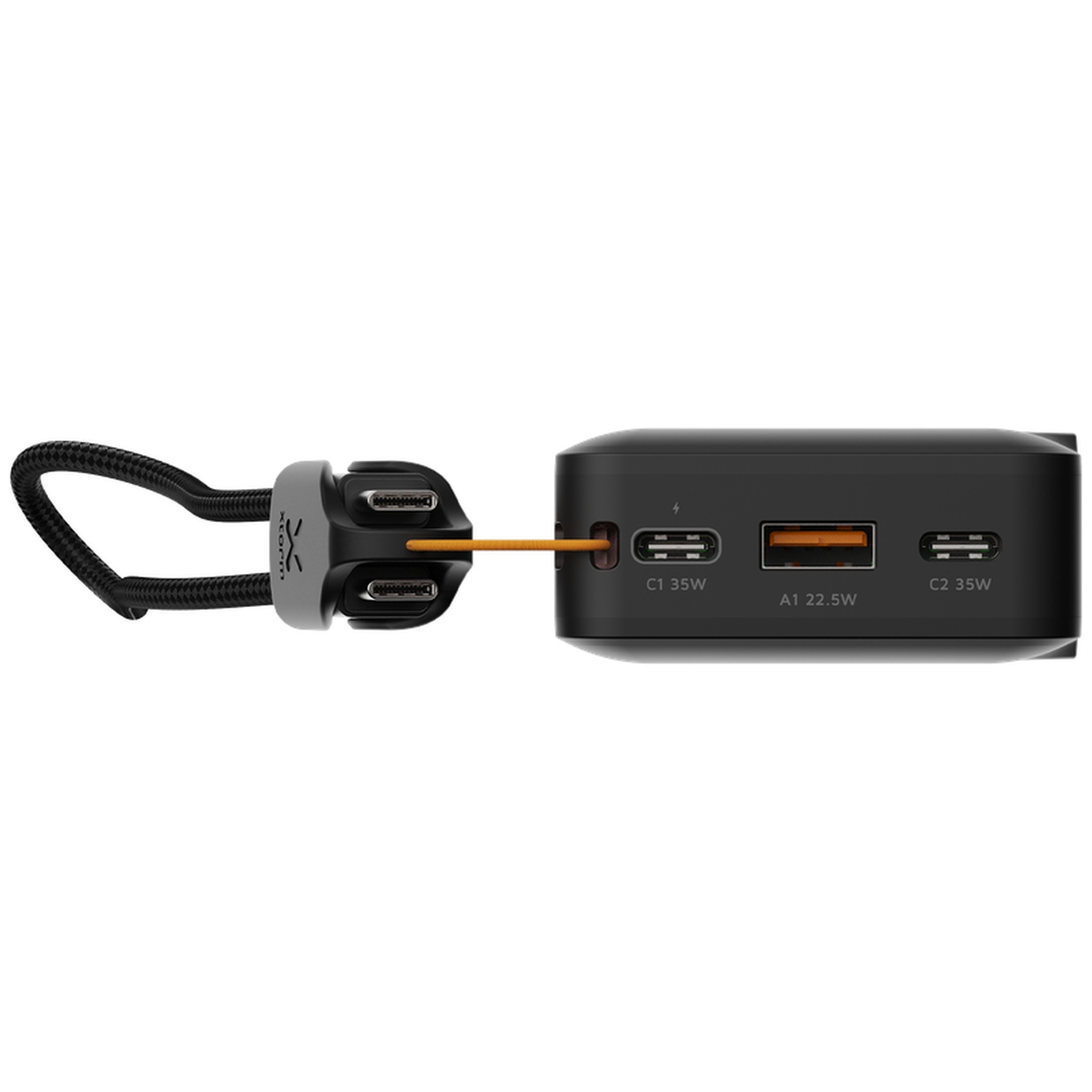 Batterie externe noire avec ports C1, A1, C2 et câble intégré.