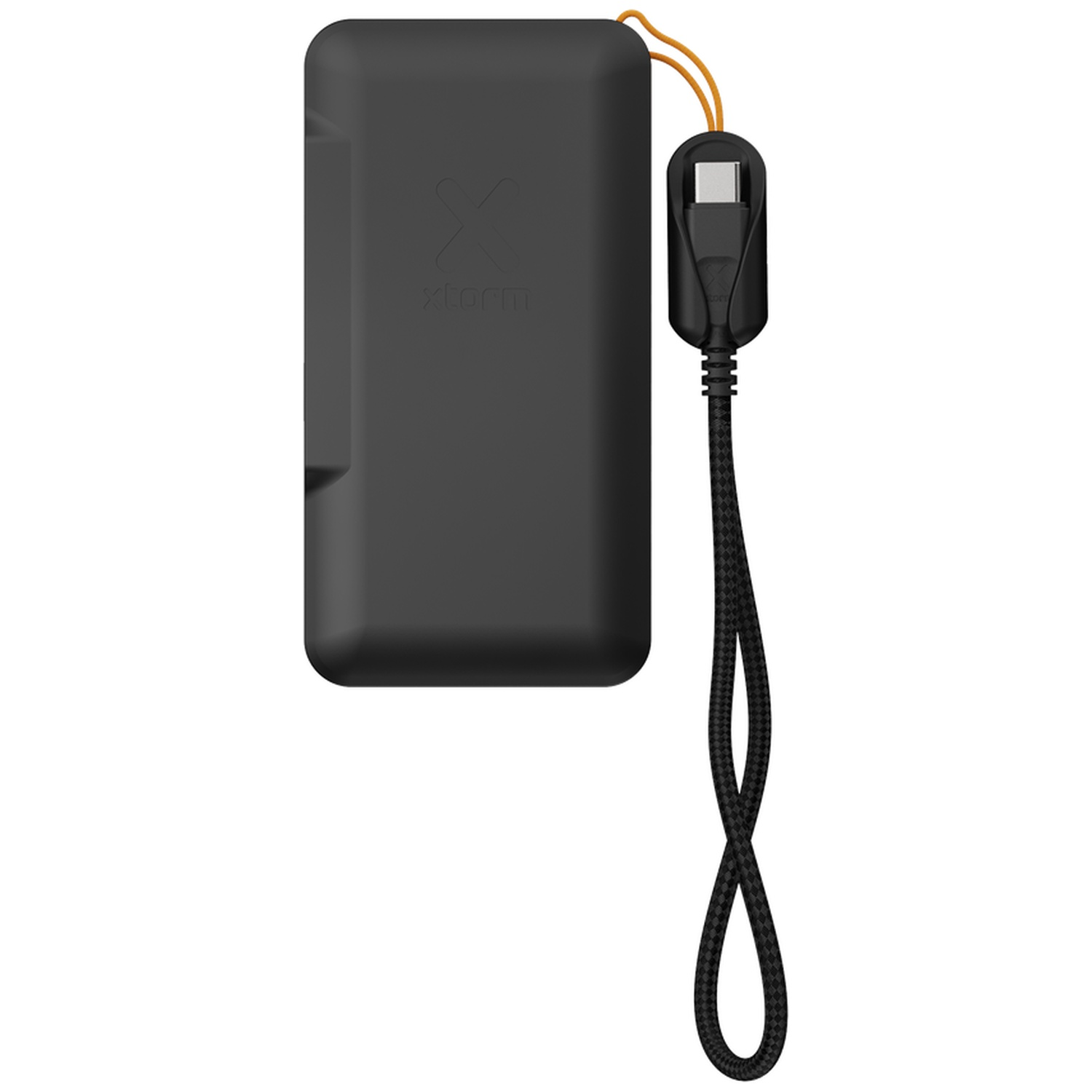 Une batterie externe Xtorm noire avec un câble de charge intégré et une dragonne orange.