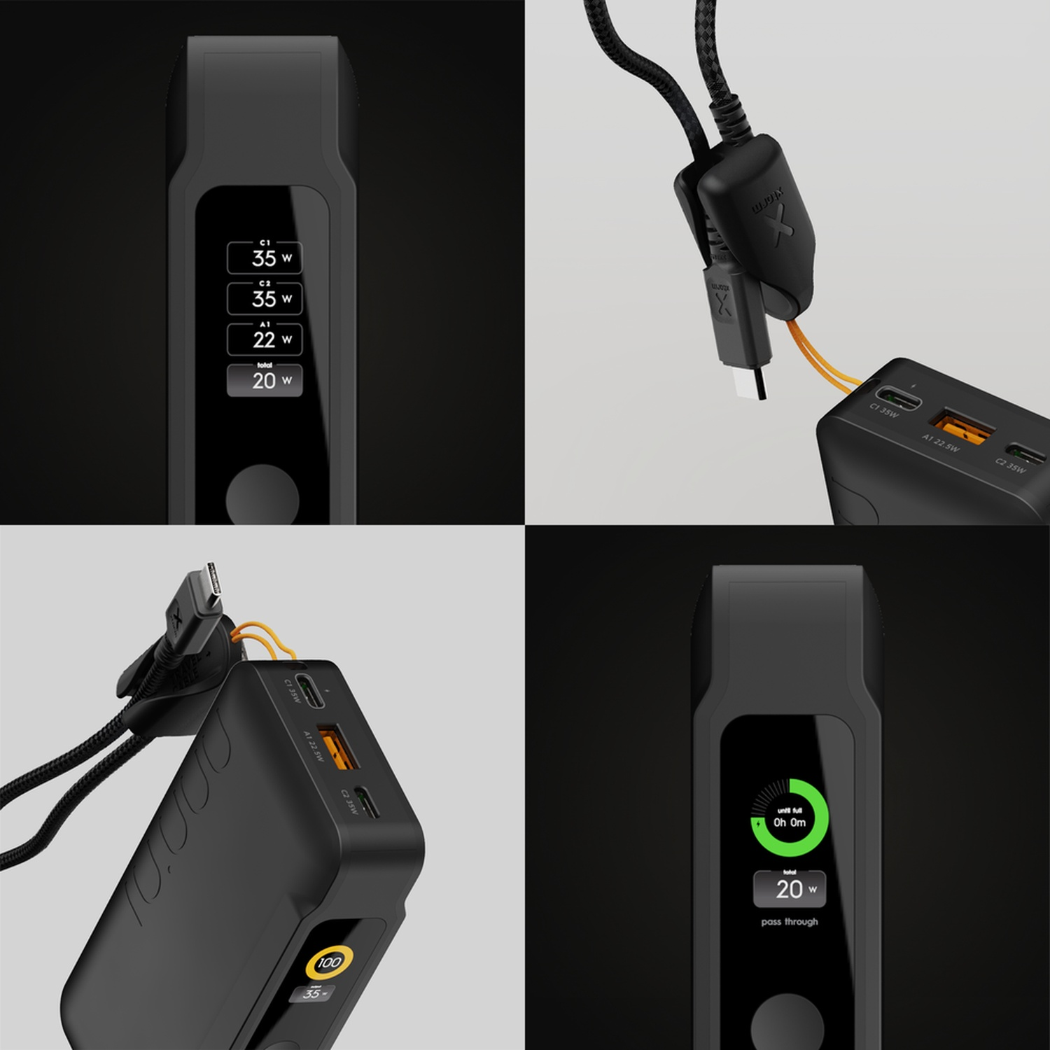 Quatre vues d'une batterie externe noire avec un écran numérique, des ports USB et un câble connecté.
