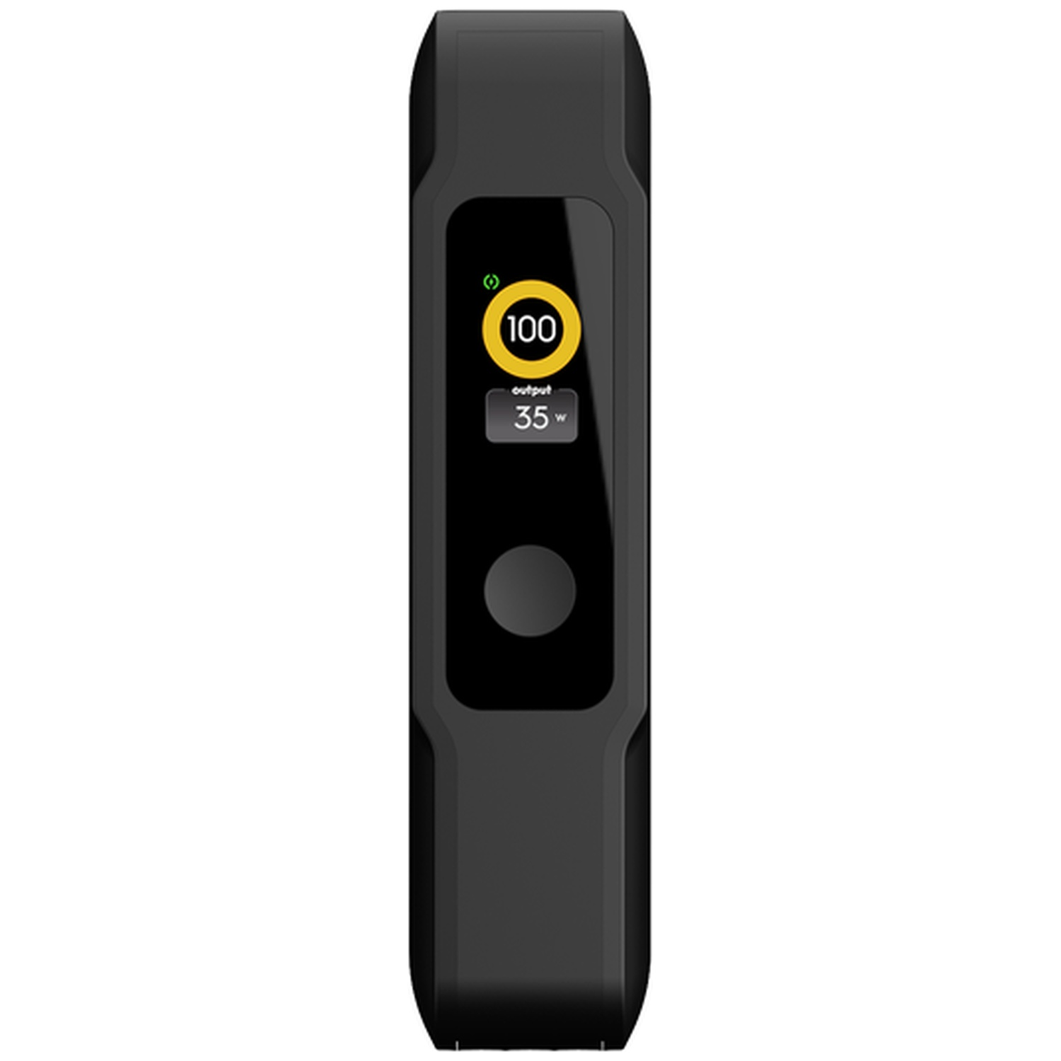Une batterie externe noire avec un écran numérique affiche 100% de charge et une sortie de 35W.