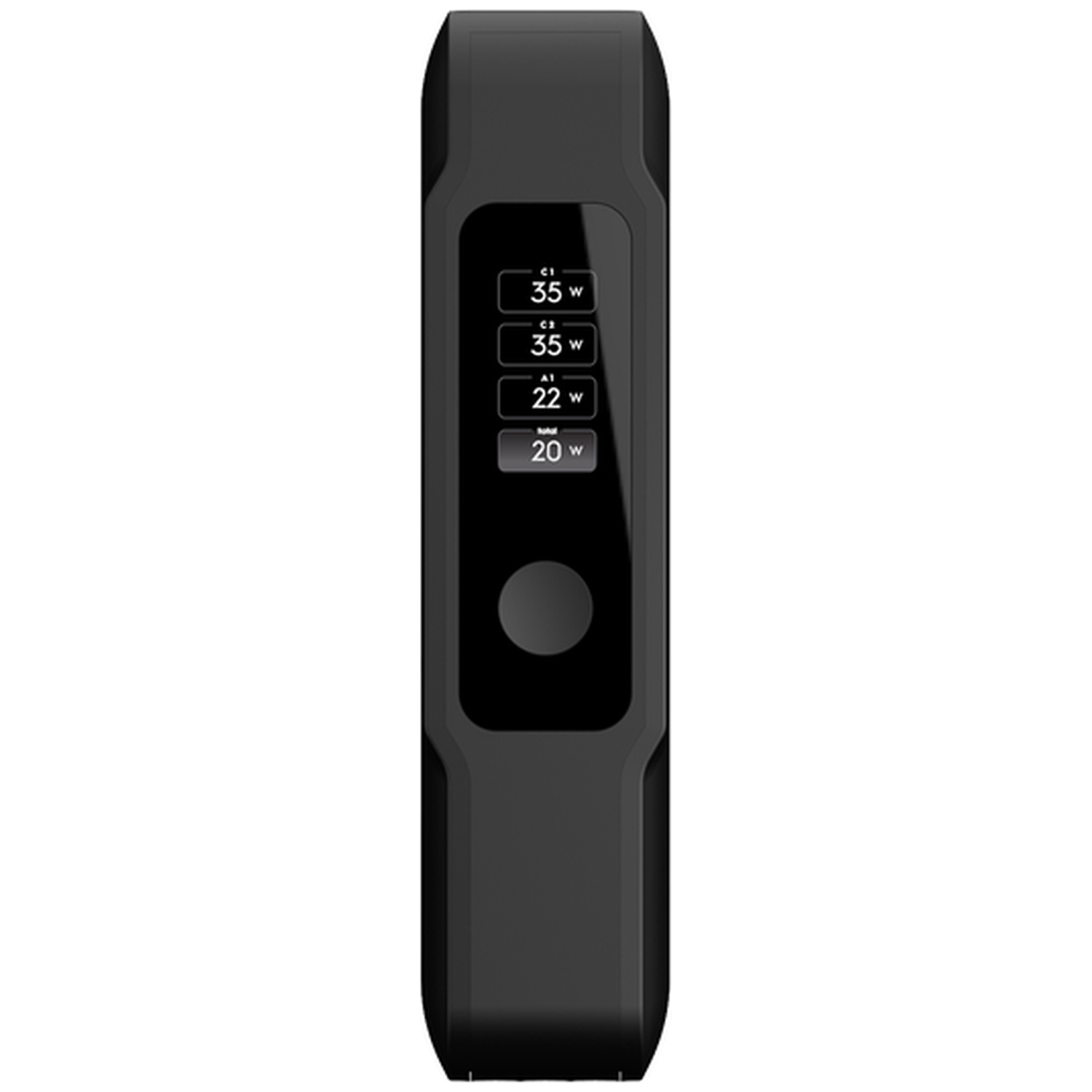Chargeur noir avec écran numérique indiquant la puissance.