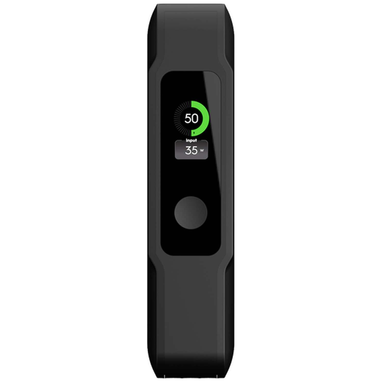 Appareil électronique noir avec écran couleur affichant 50% de charge et 35W d'entrée.