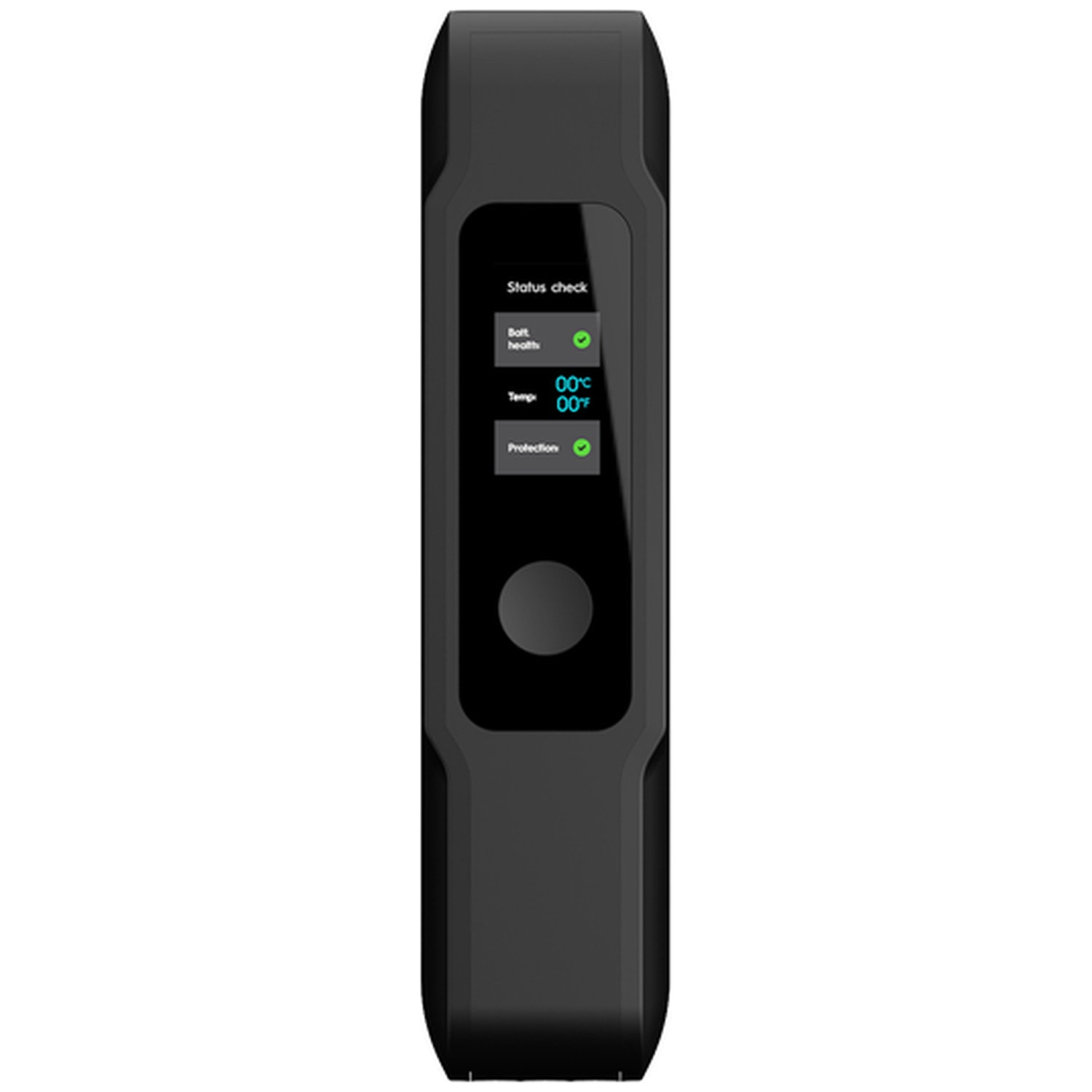 Appareil électronique noir avec écran vertical affichant le statut.
