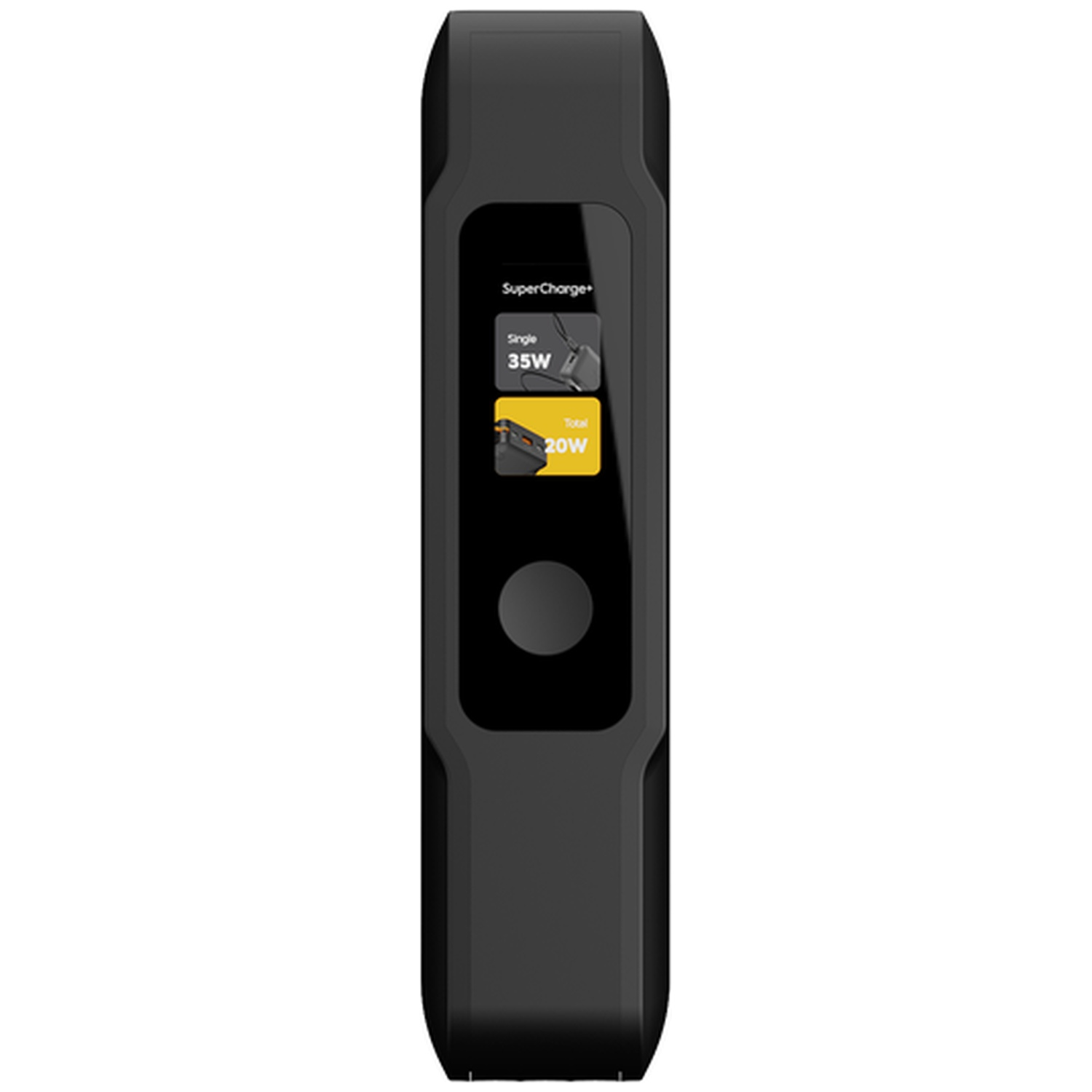 Appareil électronique noir avec un écran vertical affichant des informations de charge.