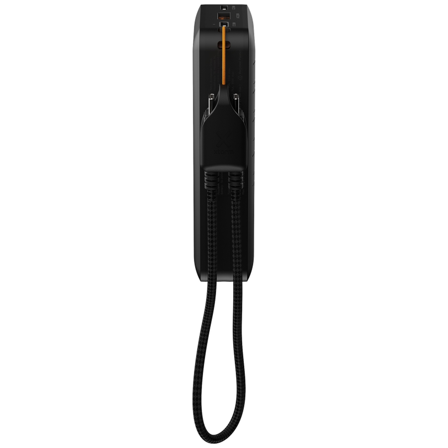 Batterie externe noire avec câbles noirs tressés intégrés et sangle orange sur fond blanc.