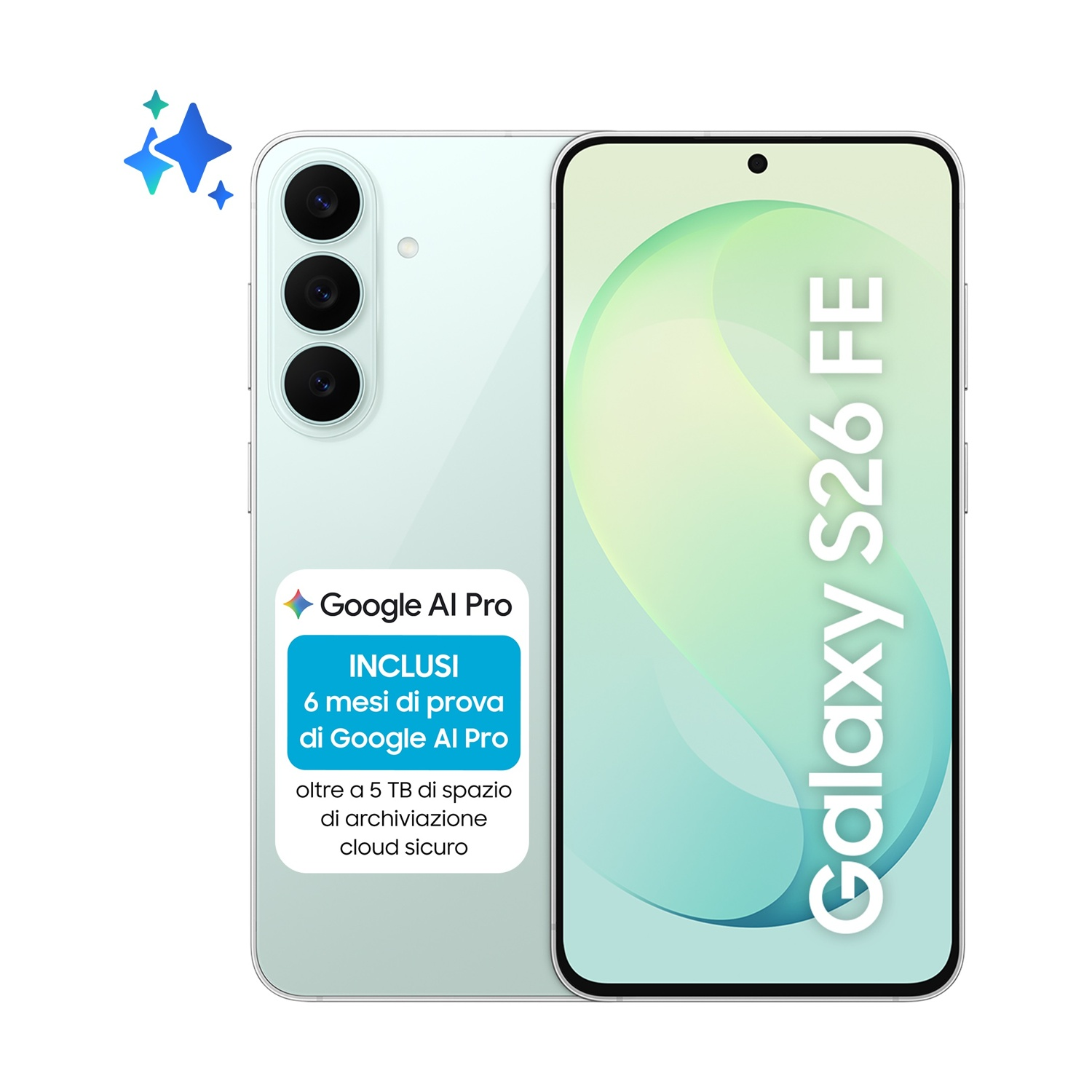 Smartphone Galaxy S26 FE verde, vista anteriore e posteriore con promo Google AI Pro.