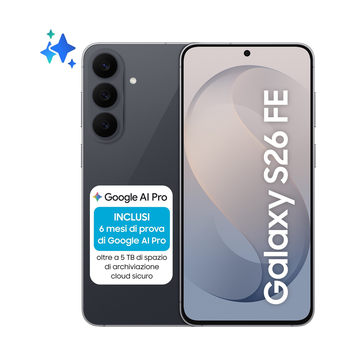 Smartphone Galaxy S26 FE, retro grigio con tre fotocamere, adesivo Google AI Pro e schermo frontale.