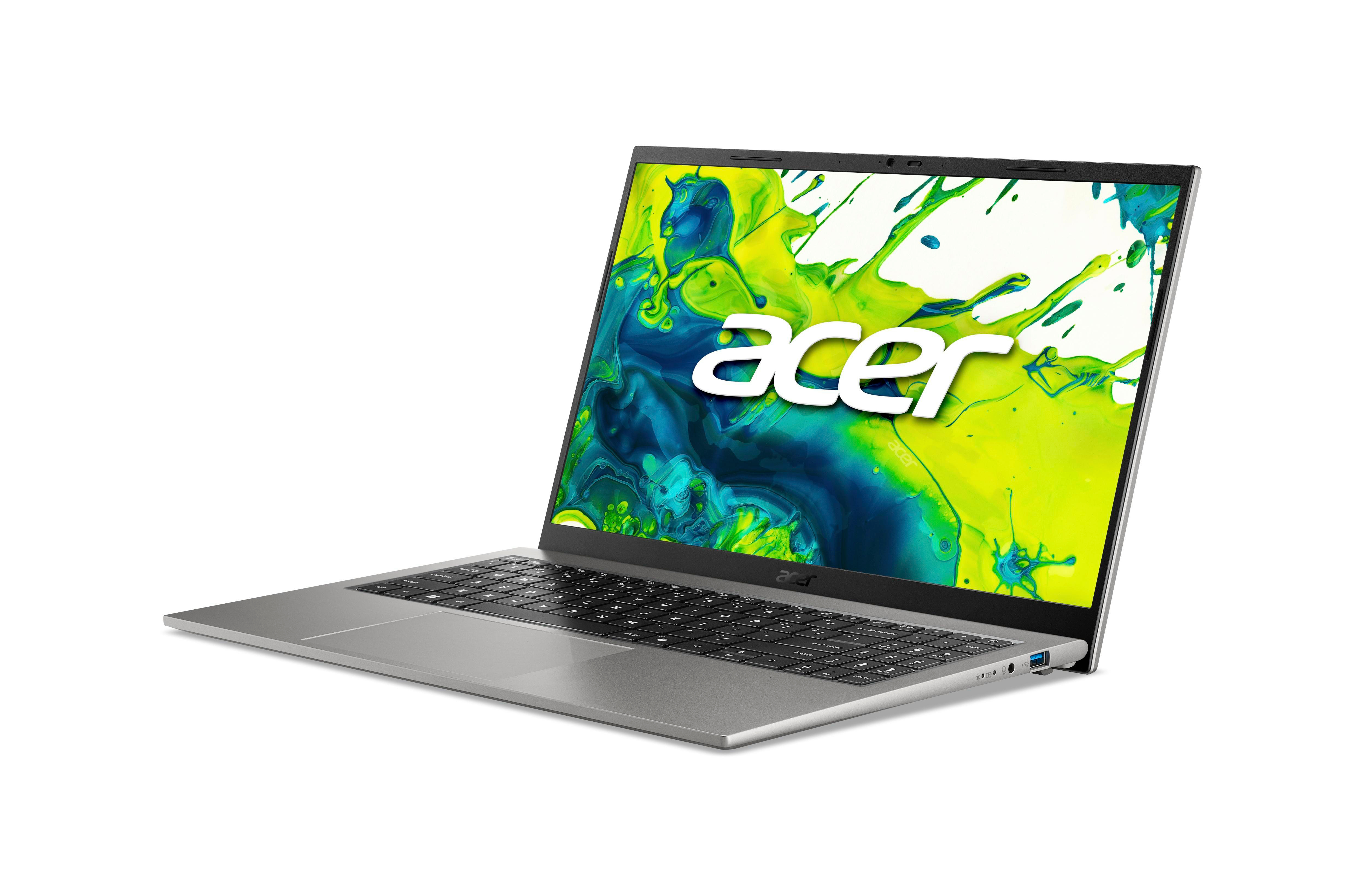 Ein silberner Acer-Laptop zeigt einen bunten grün-blauen Bildschirm auf weißem Hintergrund.