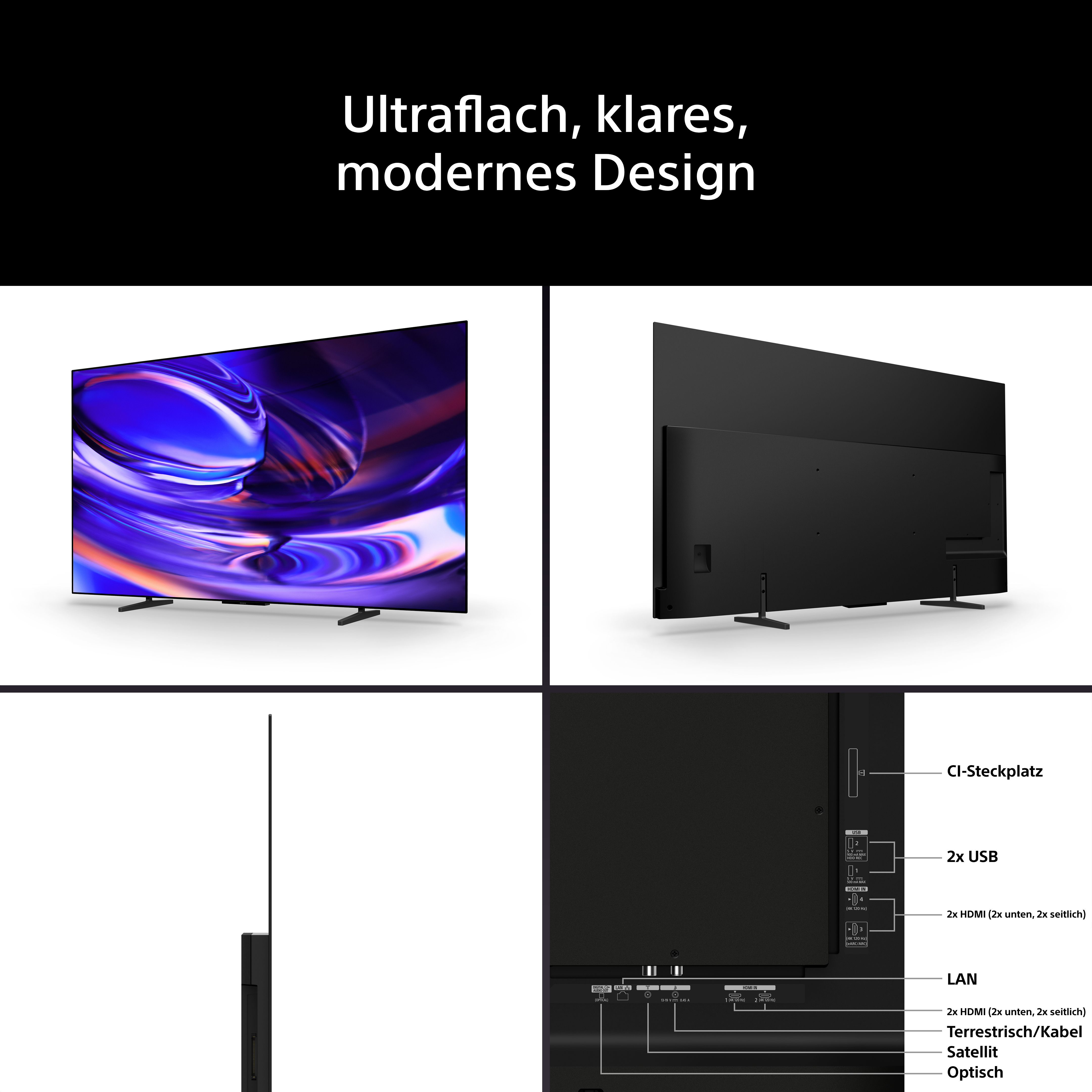 Ein schlanker, moderner Fernseher von vorne, hinten, der Seite und mit seinen Anschlüssen.