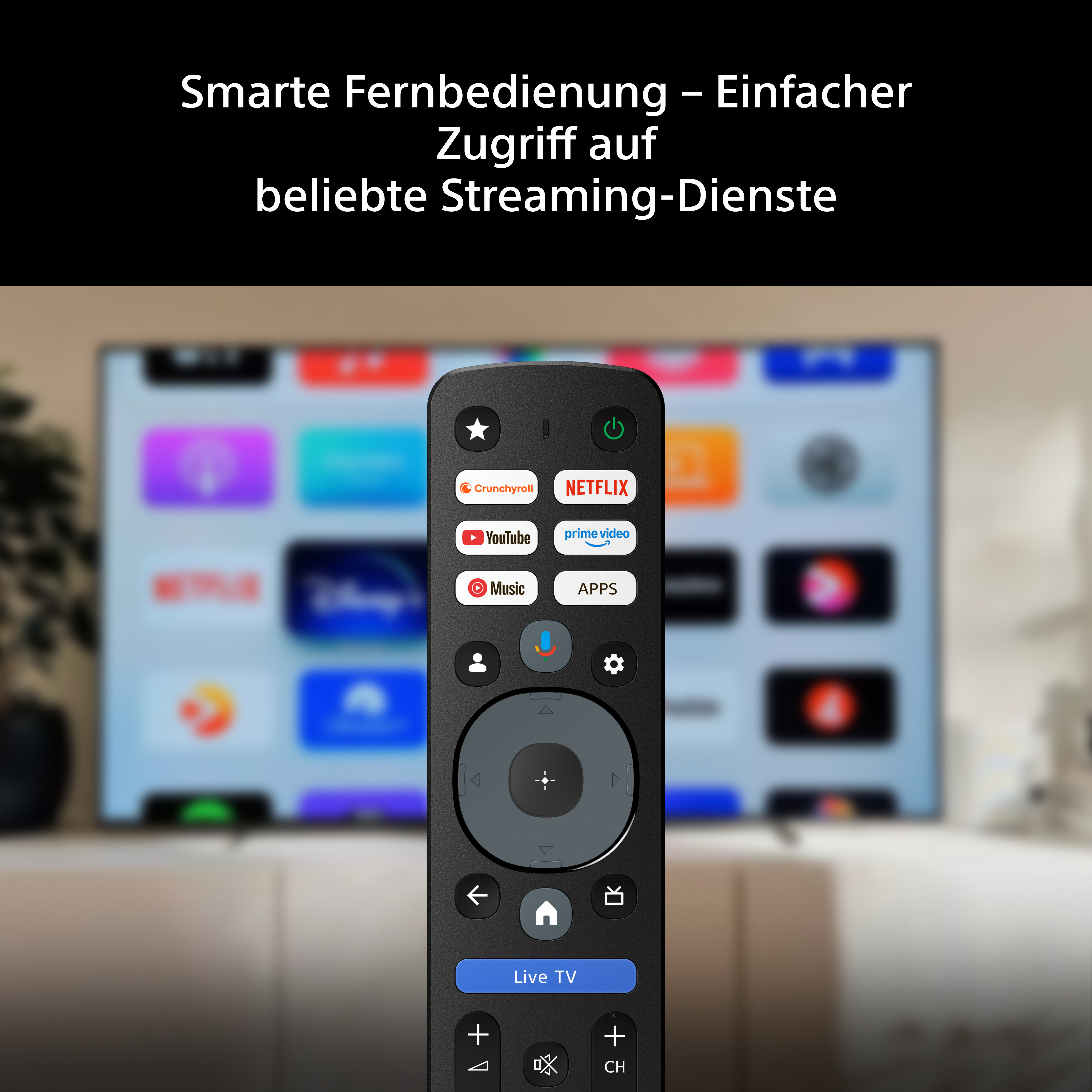 Smarte Fernbedienung mit Streaming-Tasten vor unscharfem Fernseher.