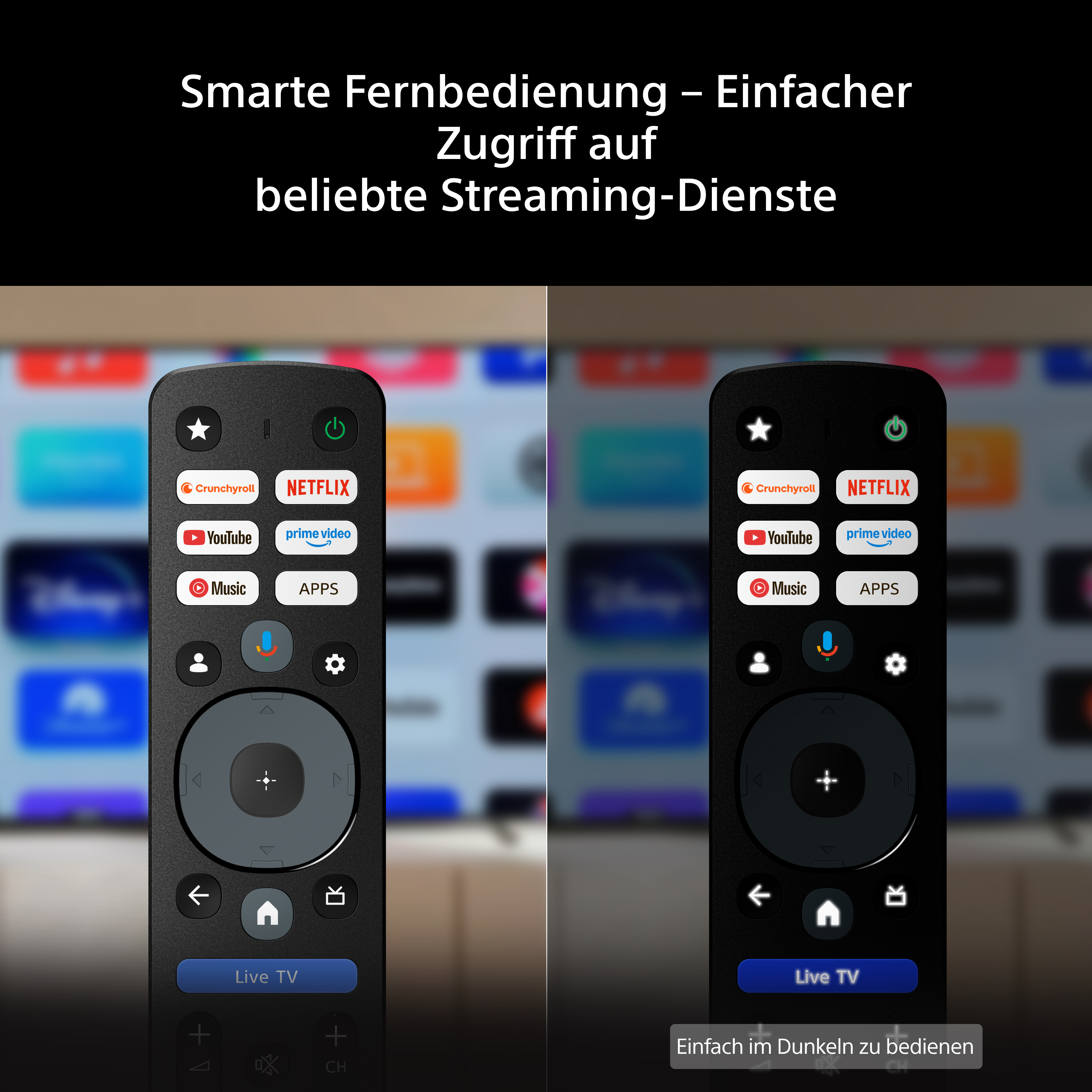 Smarte Fernbedienung mit Tasten für Streaming-Dienste und Live-TV vor verschwommenem Hintergrund.