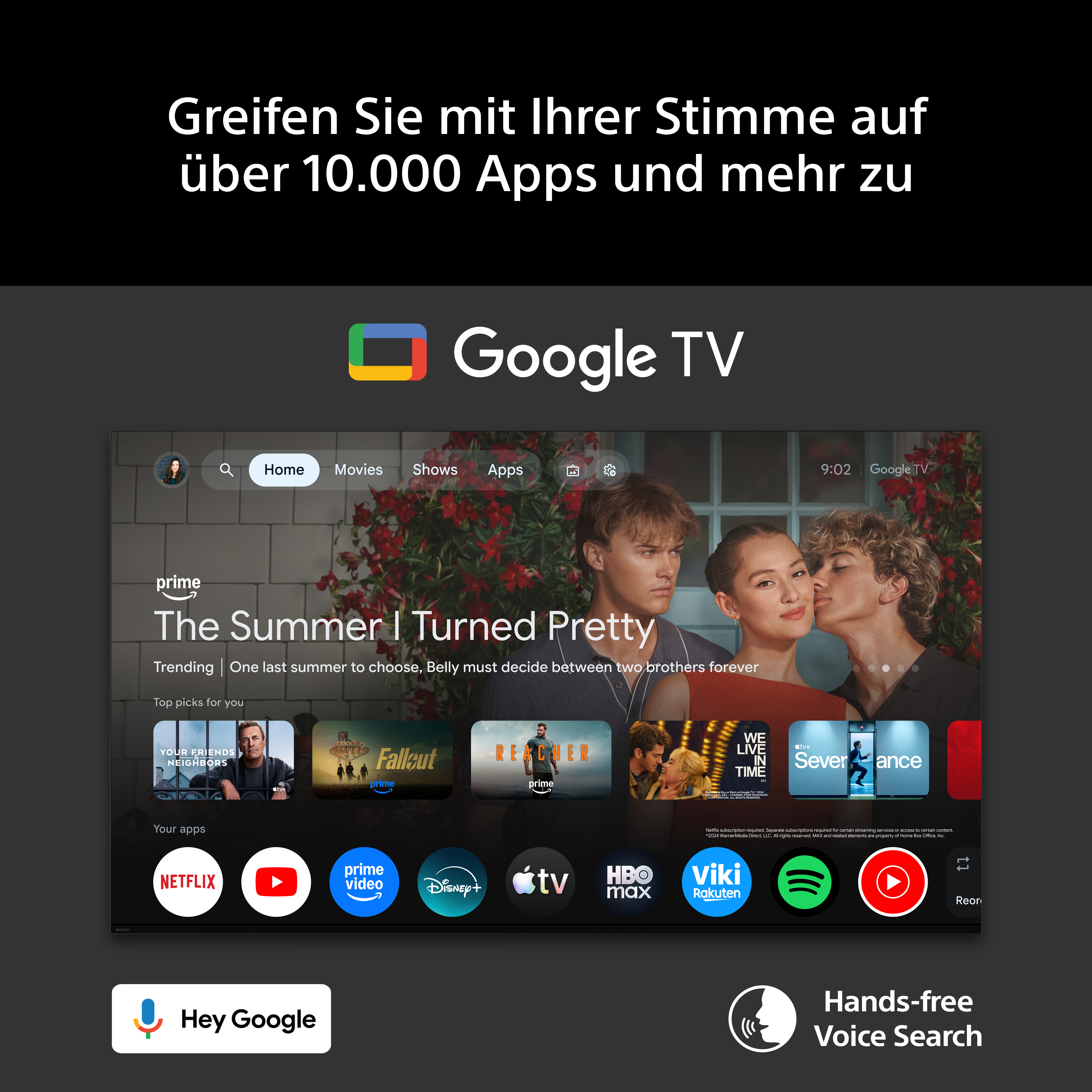 Google TV-Startbildschirm mit Sprachsteuerung und App-Logos wie Netflix und Prime Video.