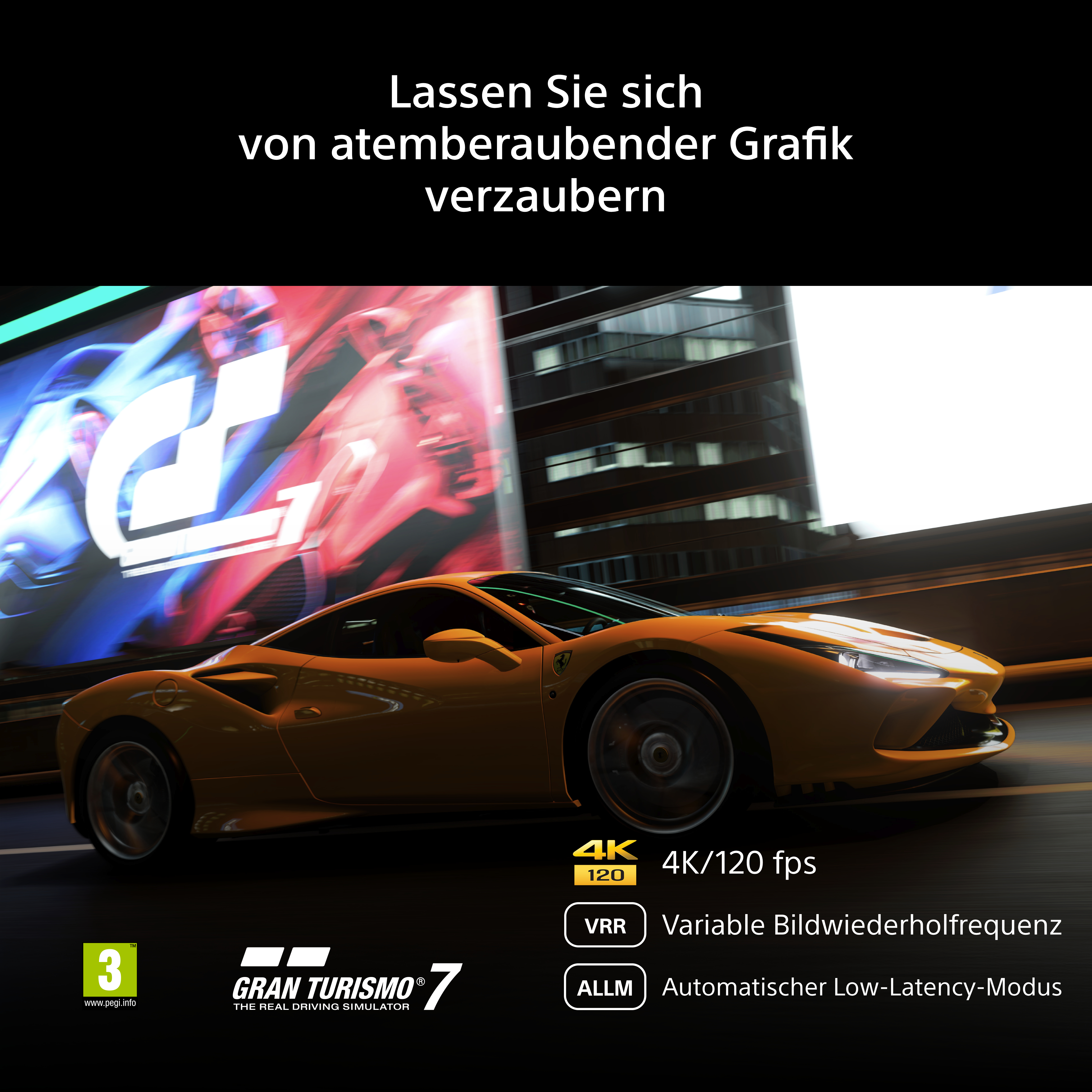 Werbung für Gran Turismo 7 mit einem gelben Sportwagen vor einer Rennstrecke und deutscher Texteinblendung.